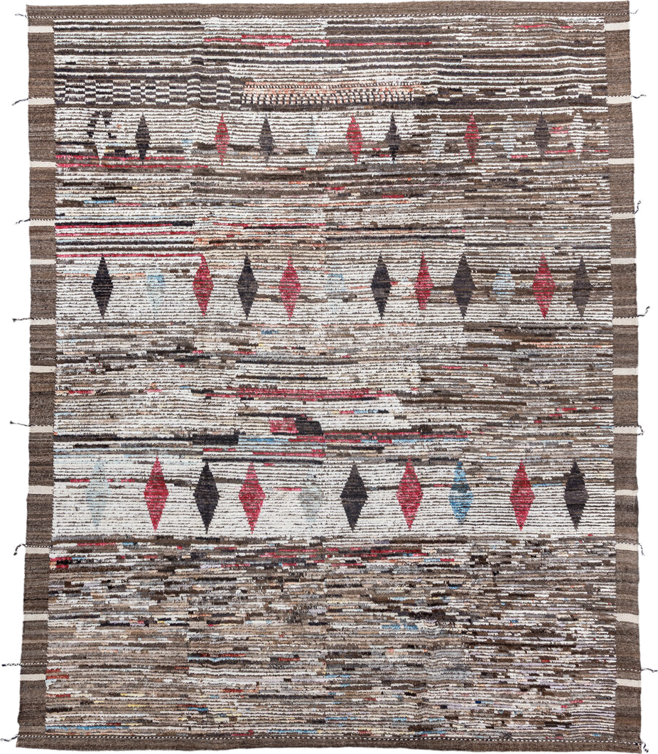 9' x 11' one-of-a-kind handmade vintage Tulu large size rug. Color palette: ivory, brown, charcoal, crimson, sky_blue, taupe