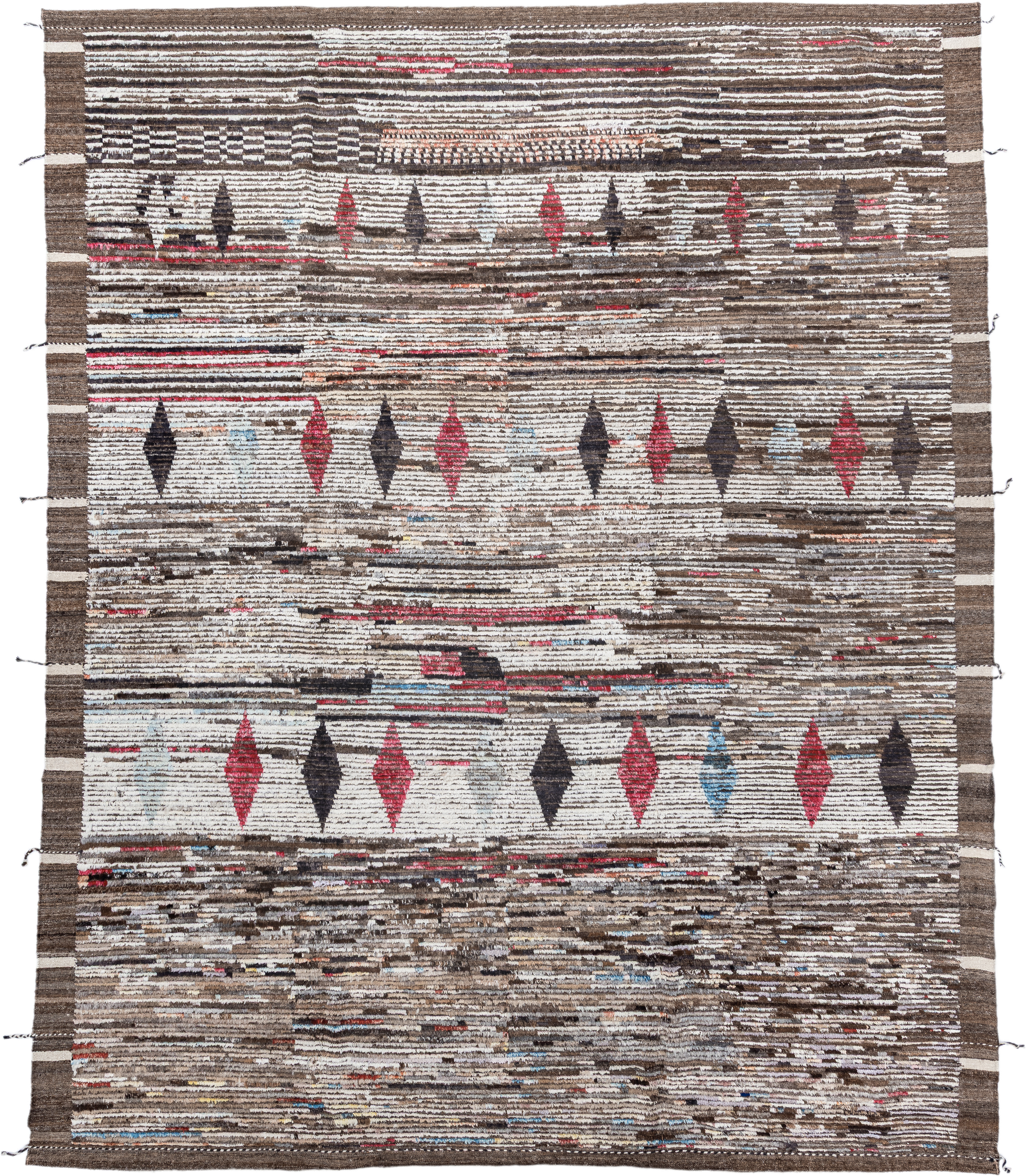 9' x 11' one-of-a-kind handmade vintage Tulu large size rug. Color palette: ivory, brown, charcoal, crimson, sky_blue, taupe