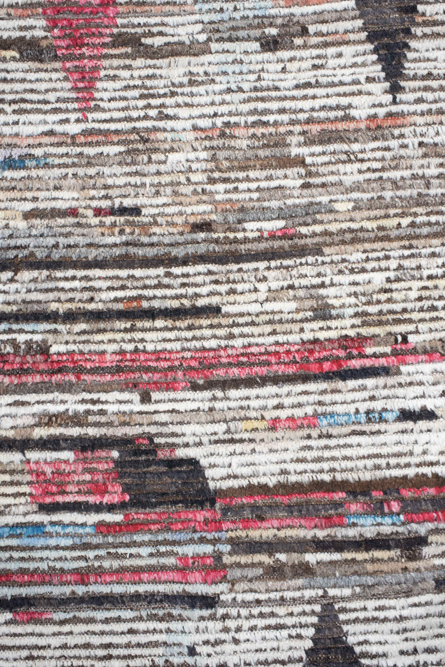 9' x 11' one-of-a-kind handmade vintage Tulu large size rug. Color palette: ivory, brown, charcoal, crimson, sky_blue, taupe