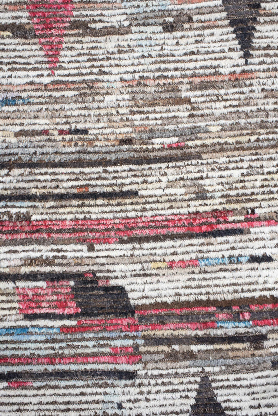 9' x 11' one-of-a-kind handmade vintage Tulu large size rug. Color palette: ivory, brown, charcoal, crimson, sky_blue, taupe