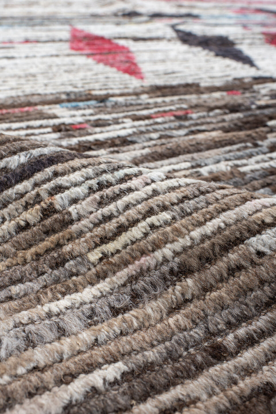 9' x 11' one-of-a-kind handmade vintage Tulu large size rug. Color palette: ivory, brown, charcoal, crimson, sky_blue, taupe