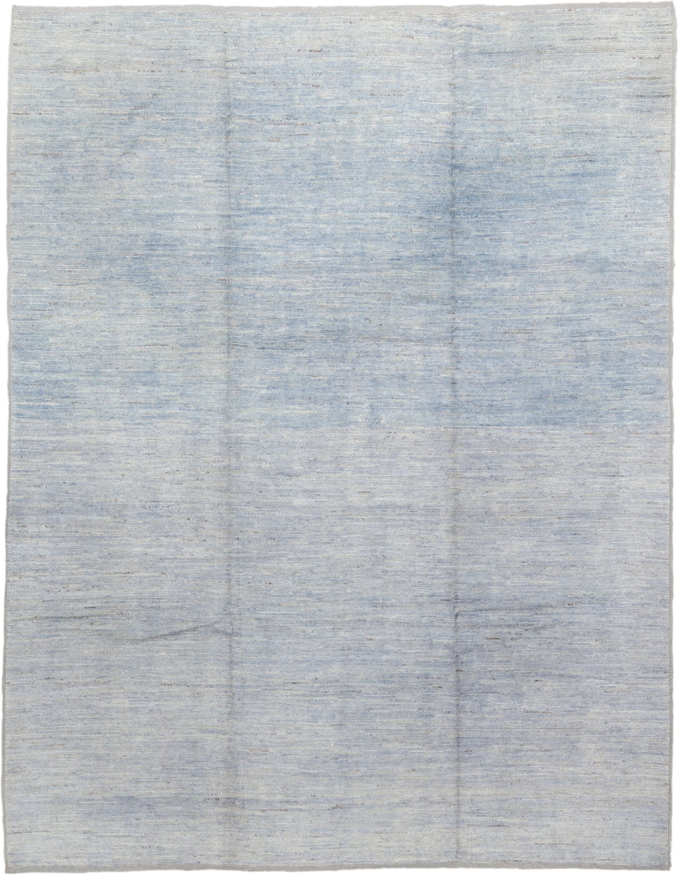 9' x 12' one-of-a-kind handmade vintage Tulu large size rug. Color palette: pale blue, ivory, silver, slate, light blue