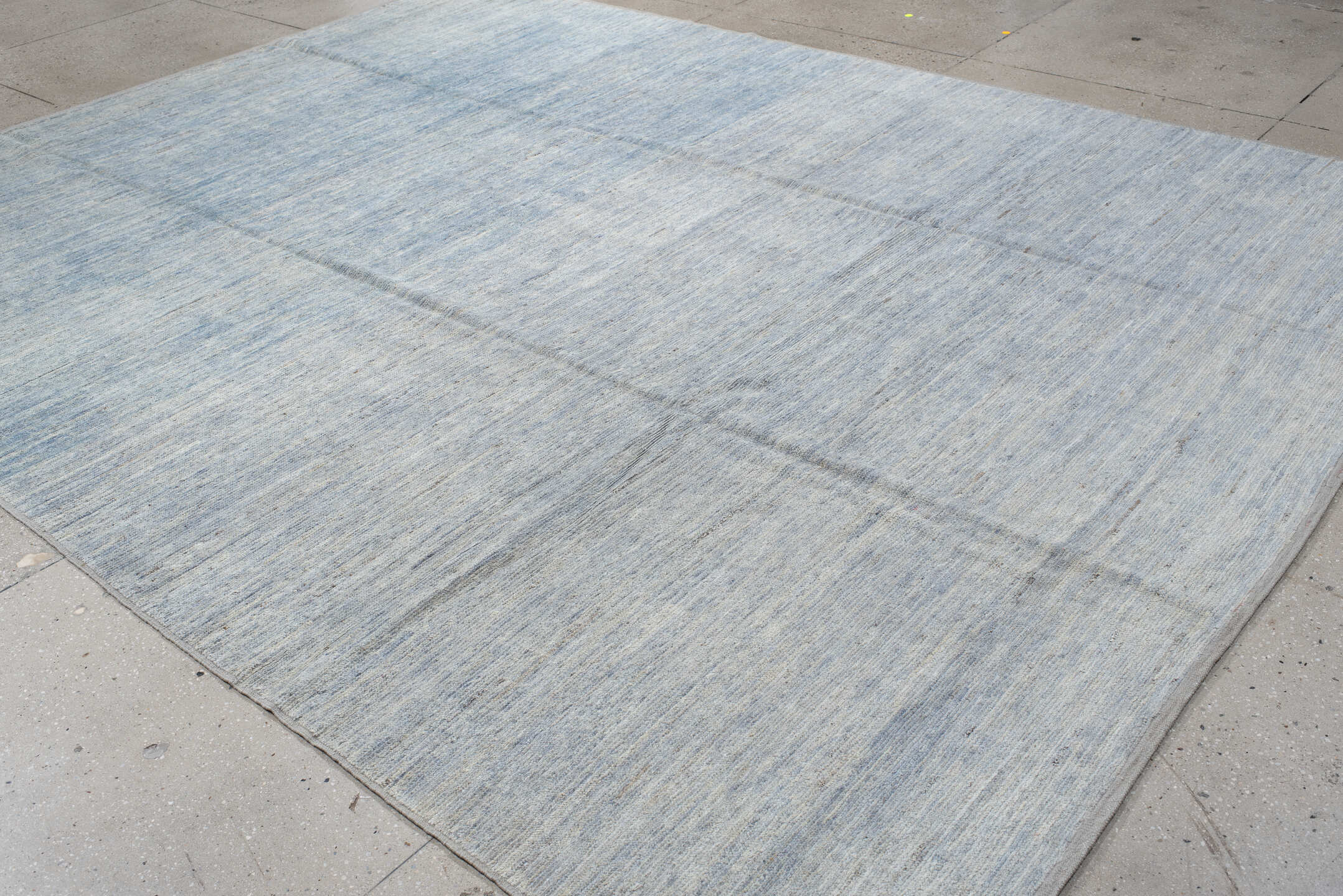 9' x 12' one-of-a-kind handmade vintage Tulu large size rug. Color palette: pale blue, ivory, silver, slate, light blue