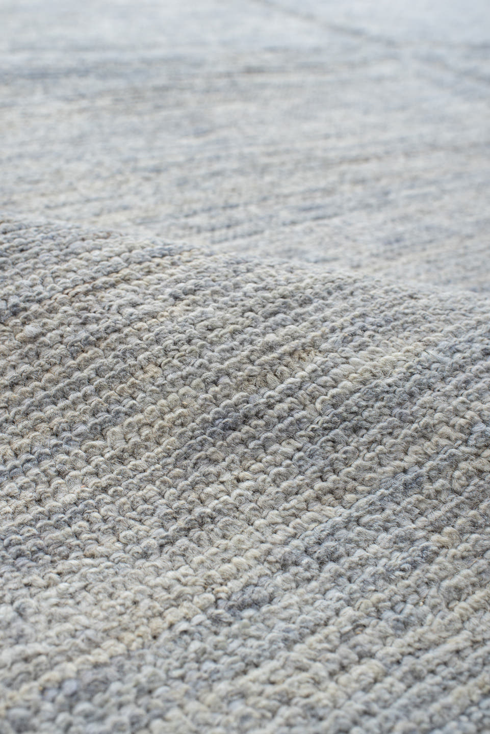 9' x 12' one-of-a-kind handmade vintage Tulu large size rug. Color palette: pale blue, ivory, silver, slate, light blue