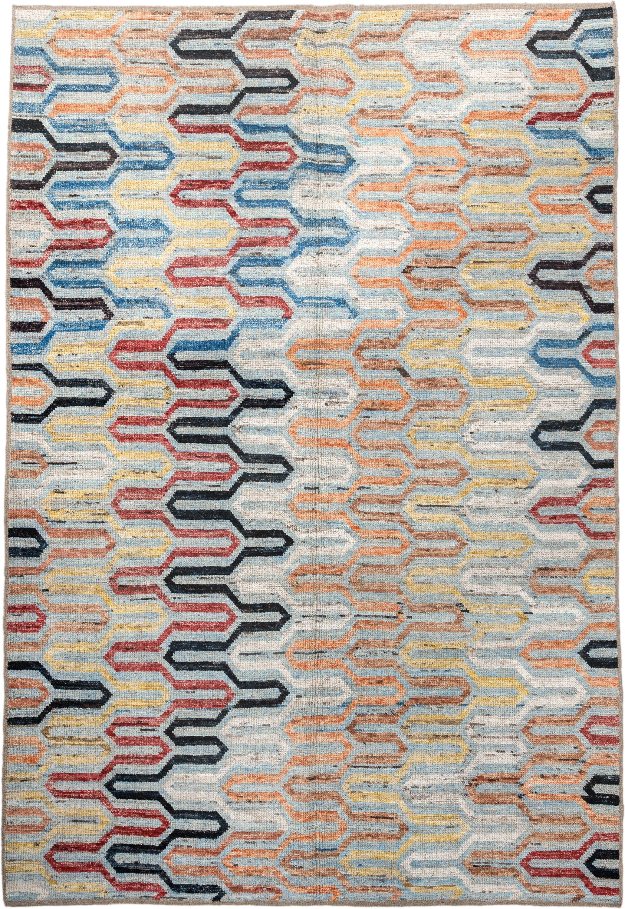 6' x 9' one-of-a-kind handmade vintage Tulu medium size rug. Color palette: ivory, sky blue, rust, gold, crimson, charcoal