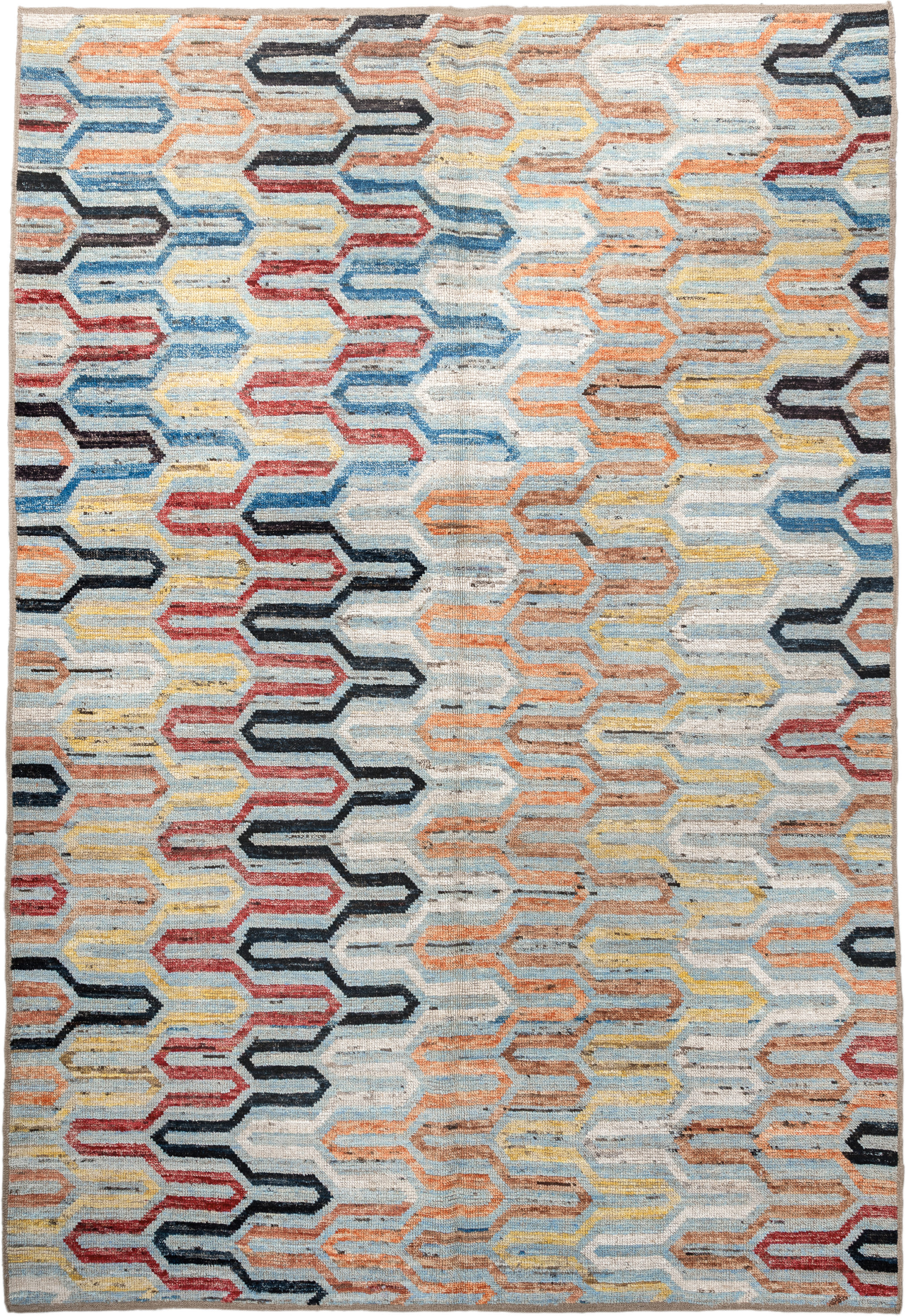 6' x 9' one-of-a-kind handmade vintage Tulu medium size rug. Color palette: ivory, sky blue, rust, gold, crimson, charcoal