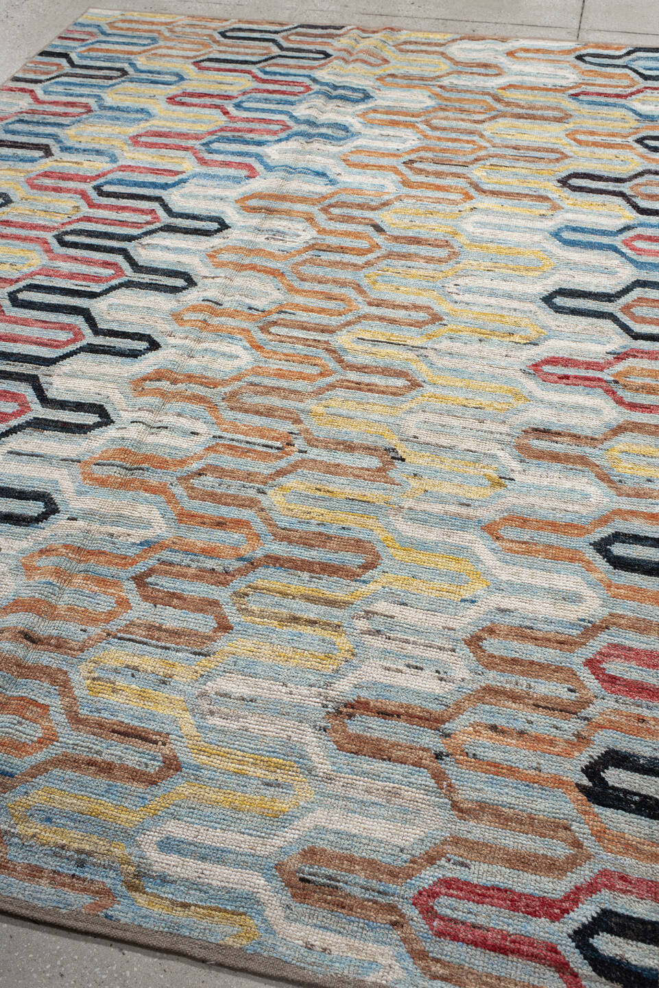 6' x 9' one-of-a-kind handmade vintage Tulu medium size rug. Color palette: ivory, sky blue, rust, gold, crimson, charcoal