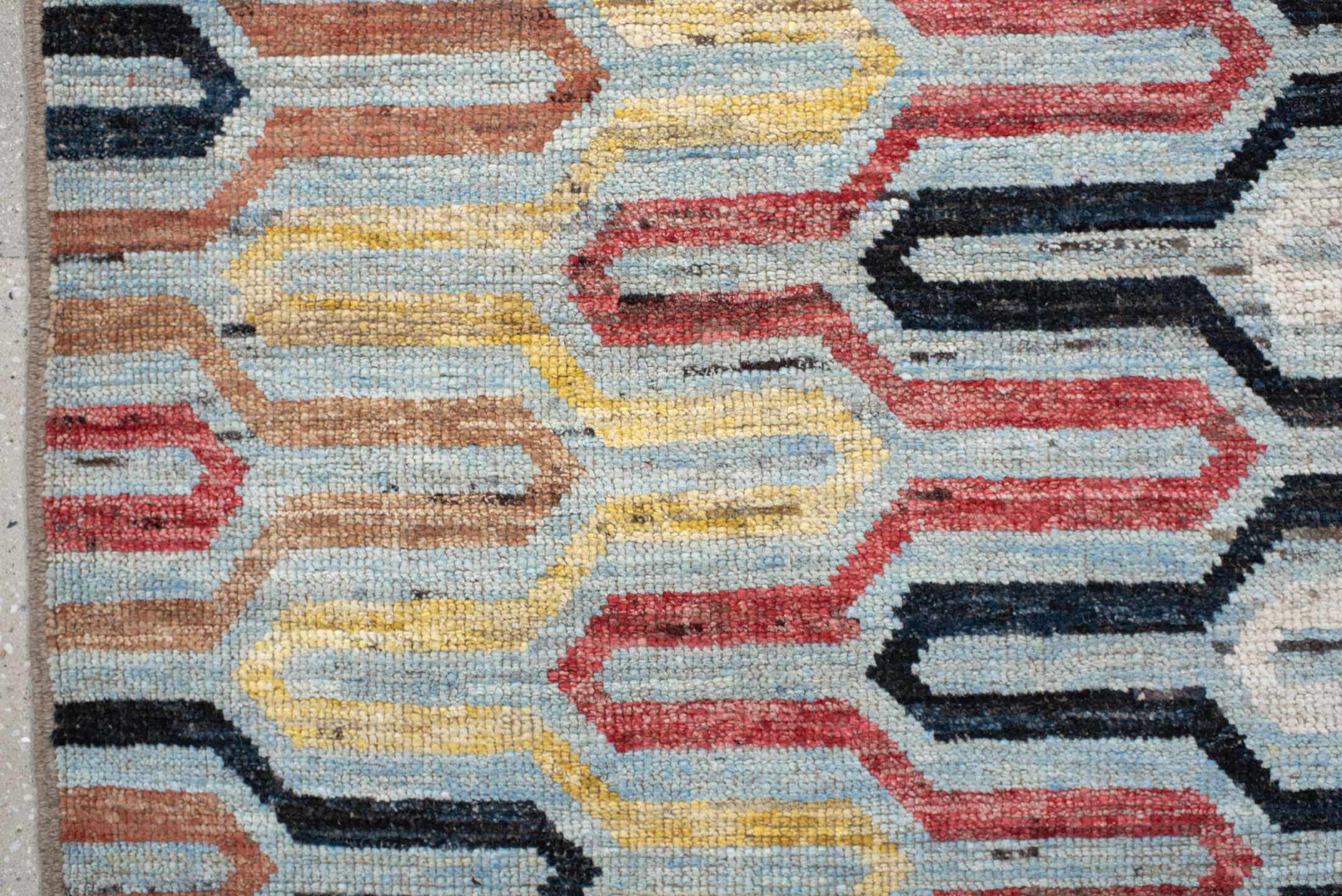 6' x 9' one-of-a-kind handmade vintage Tulu medium size rug. Color palette: ivory, sky blue, rust, gold, crimson, charcoal
