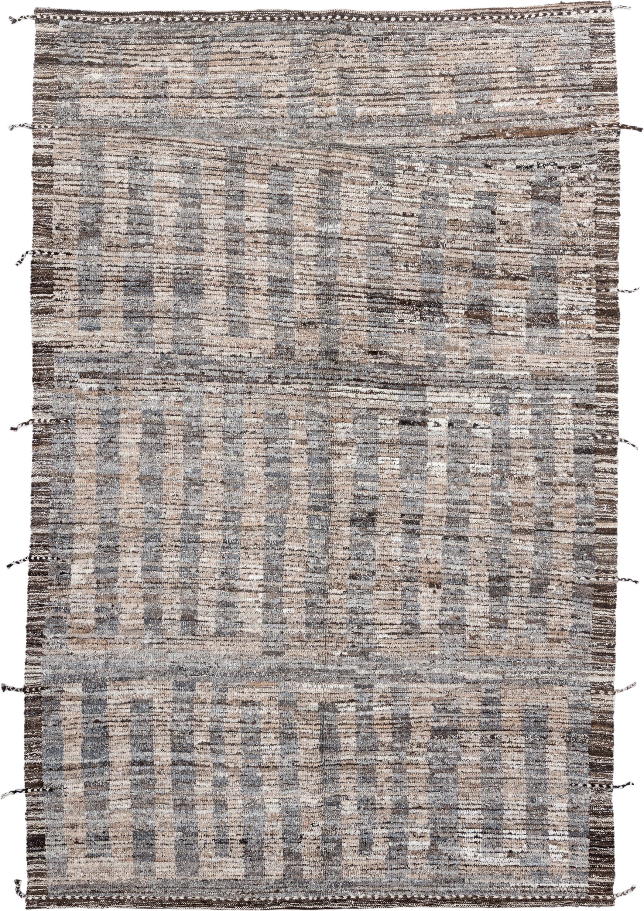 6' x 9' one-of-a-kind handmade vintage Tulu medium size rug. Color palette: ivory, gray, brown, taupe, charcoal, beige