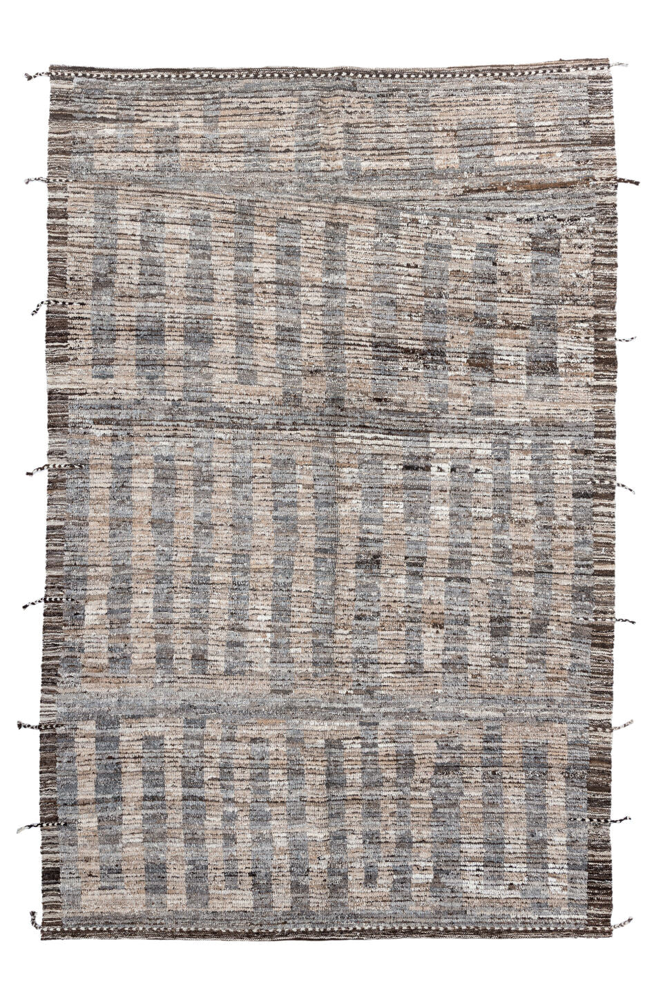 6' x 9' one-of-a-kind handmade vintage Tulu medium size rug. Color palette: gray, light gray, off-white, black, brown, pink