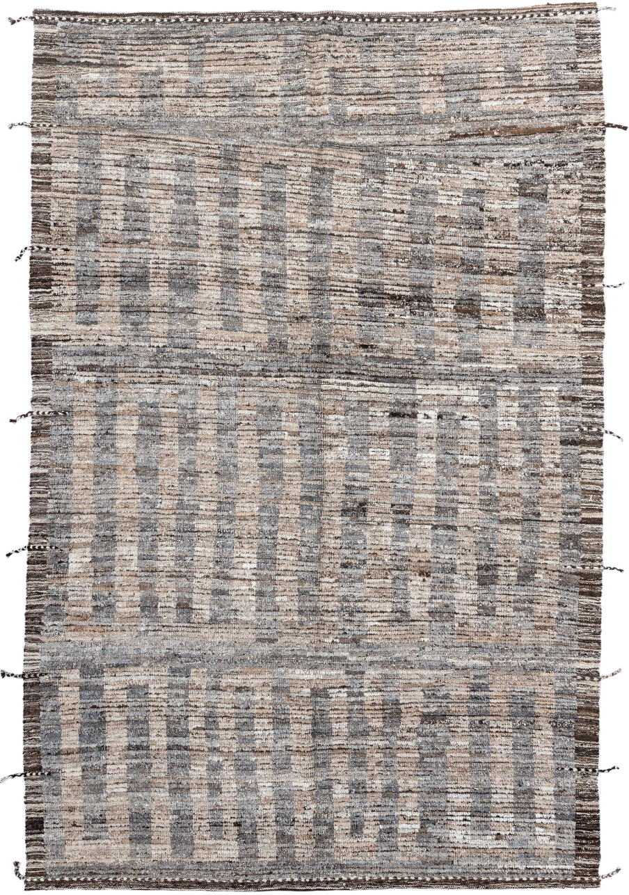 6' x 9' one-of-a-kind handmade vintage Tulu medium size rug. Color palette: ivory, gray, brown, taupe, charcoal, beige
