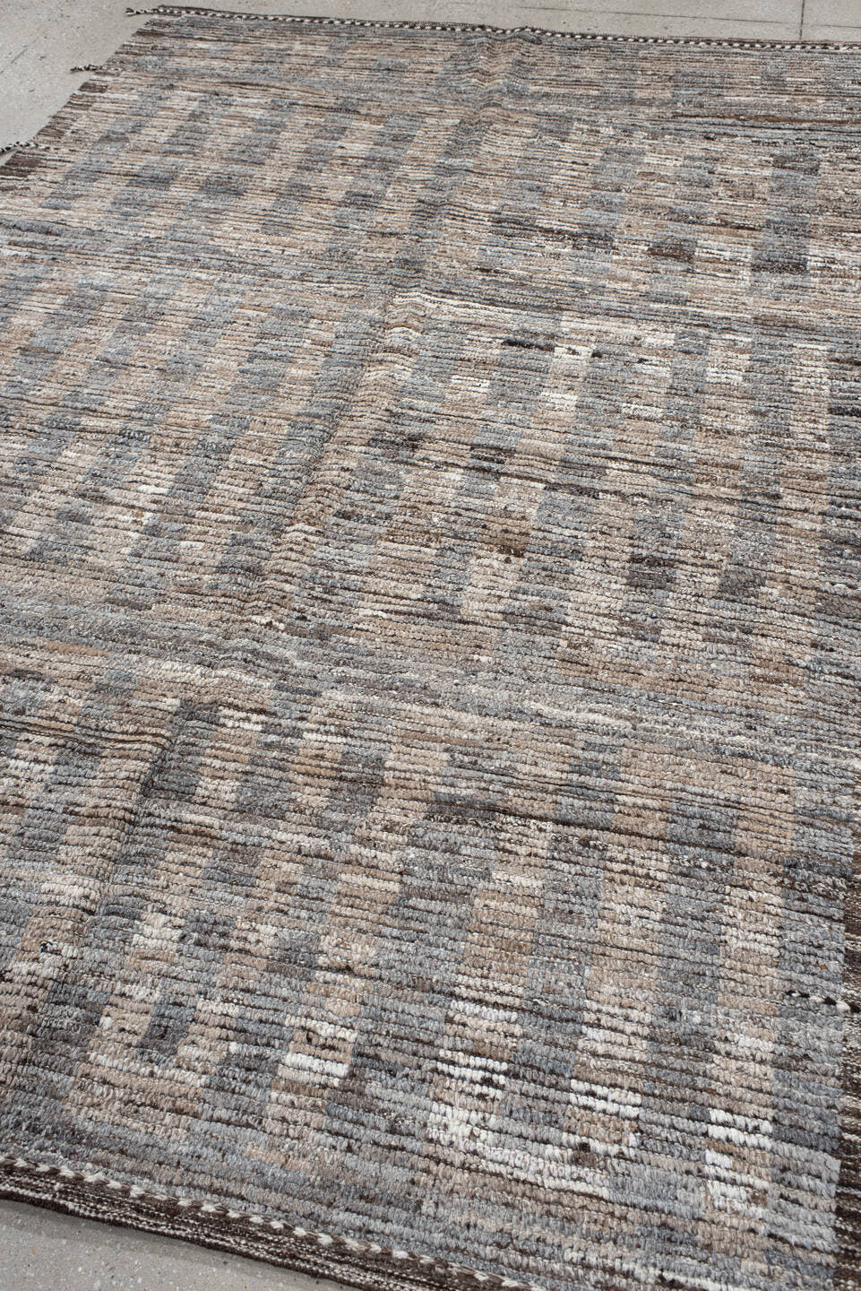 6' x 9' one-of-a-kind handmade vintage Tulu medium size rug. Color palette: ivory, gray, brown, taupe, charcoal, beige