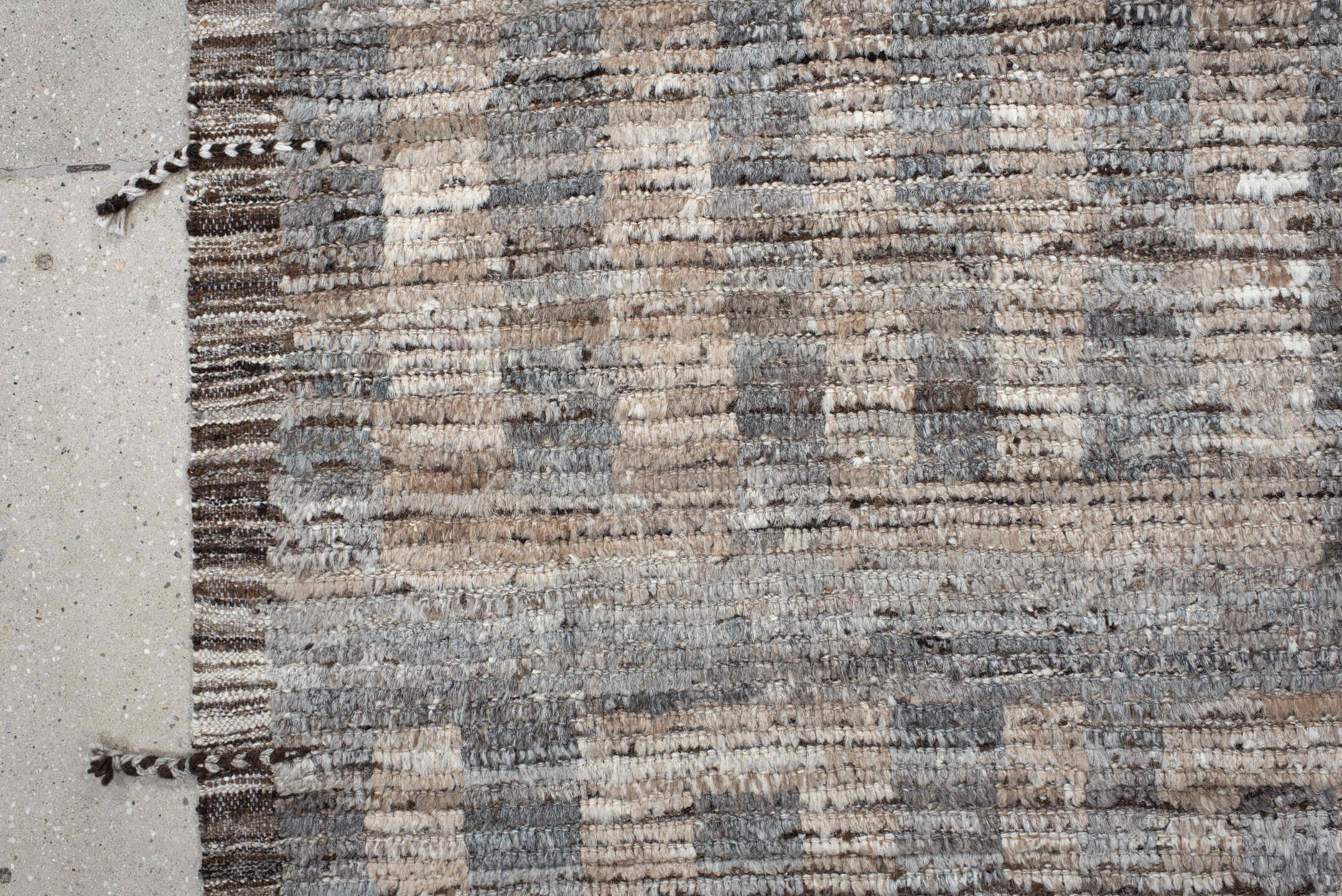 6' x 9' one-of-a-kind handmade vintage Tulu medium size rug. Color palette: ivory, gray, brown, taupe, charcoal, beige