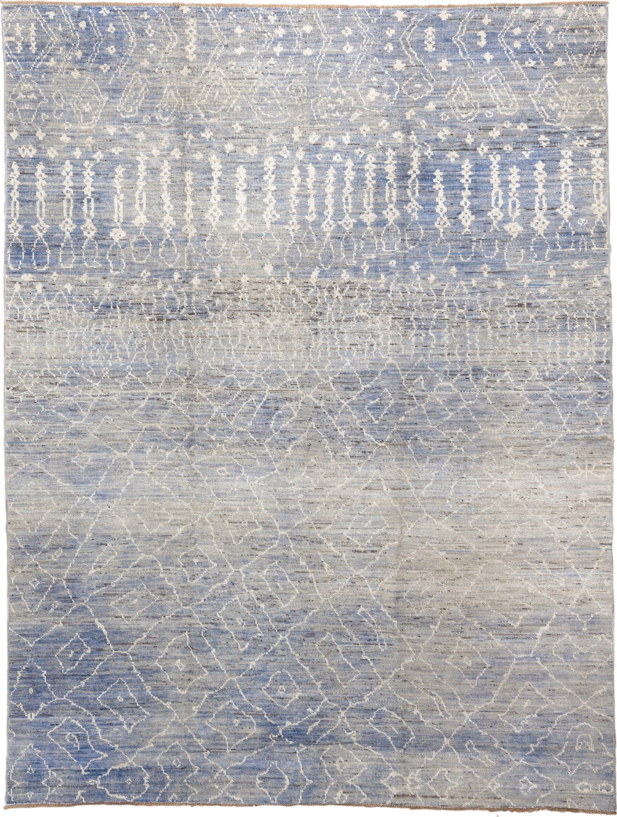 9' x 11' one-of-a-kind handmade vintage Tulu large size rug. Color palette: powder blue, ivory, silver, slate, taupe