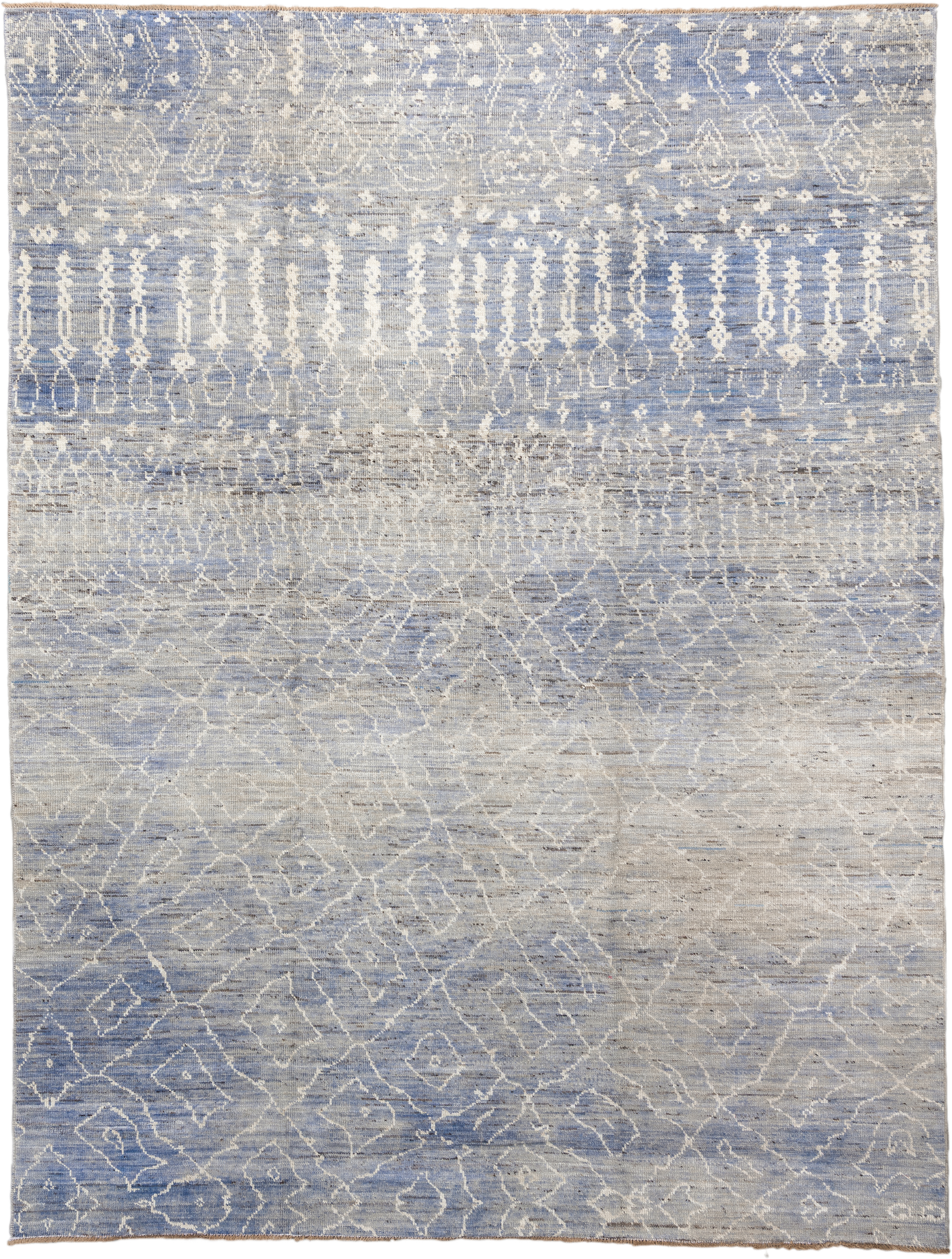 9' x 11' one-of-a-kind handmade vintage Tulu large size rug. Color palette: powder blue, ivory, silver, slate, taupe