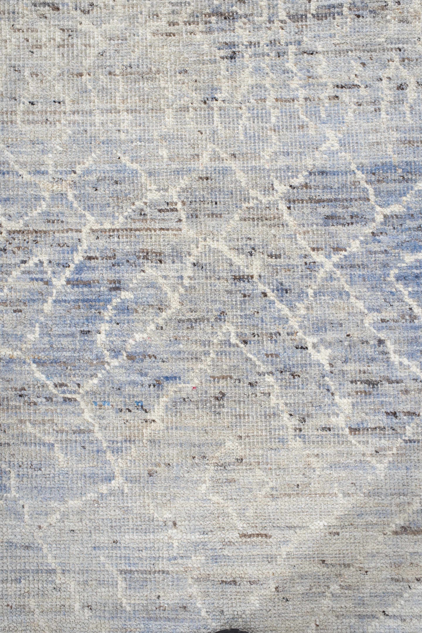 9' x 11' one-of-a-kind handmade vintage Tulu large size rug. Color palette: powder blue, ivory, silver, slate, taupe