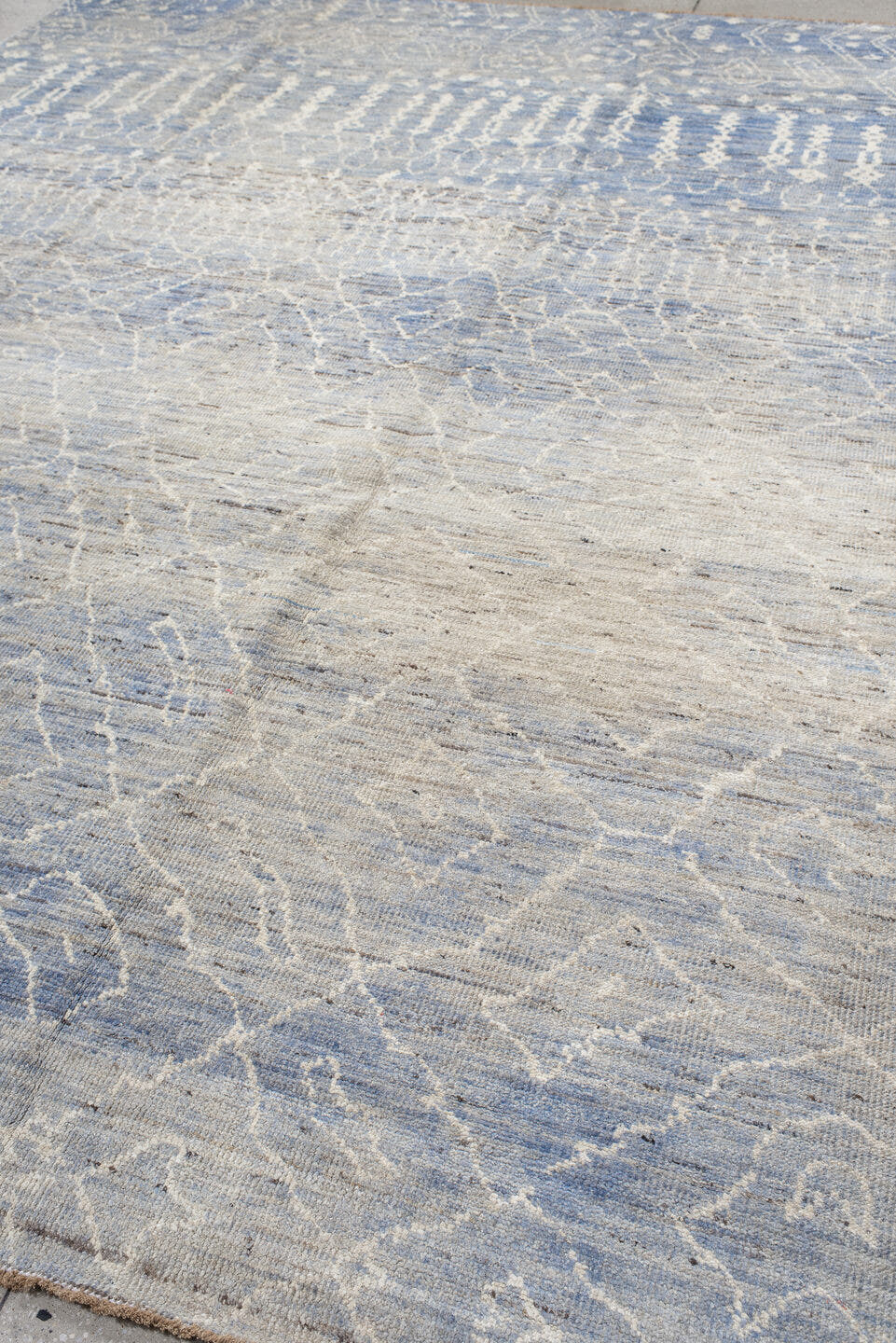 9' x 11' one-of-a-kind handmade vintage Tulu large size rug. Color palette: powder blue, ivory, silver, slate, taupe