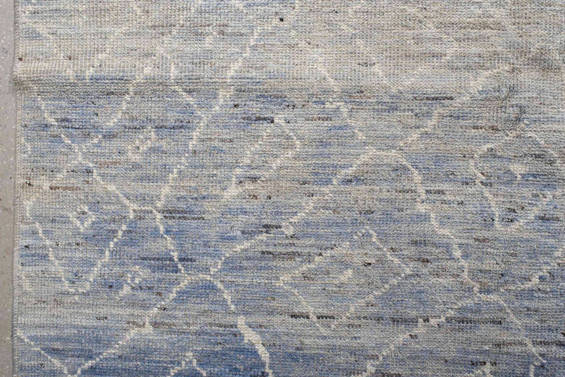 9' x 11' one-of-a-kind handmade vintage Tulu large size rug. Color palette: powder blue, ivory, silver, slate, taupe