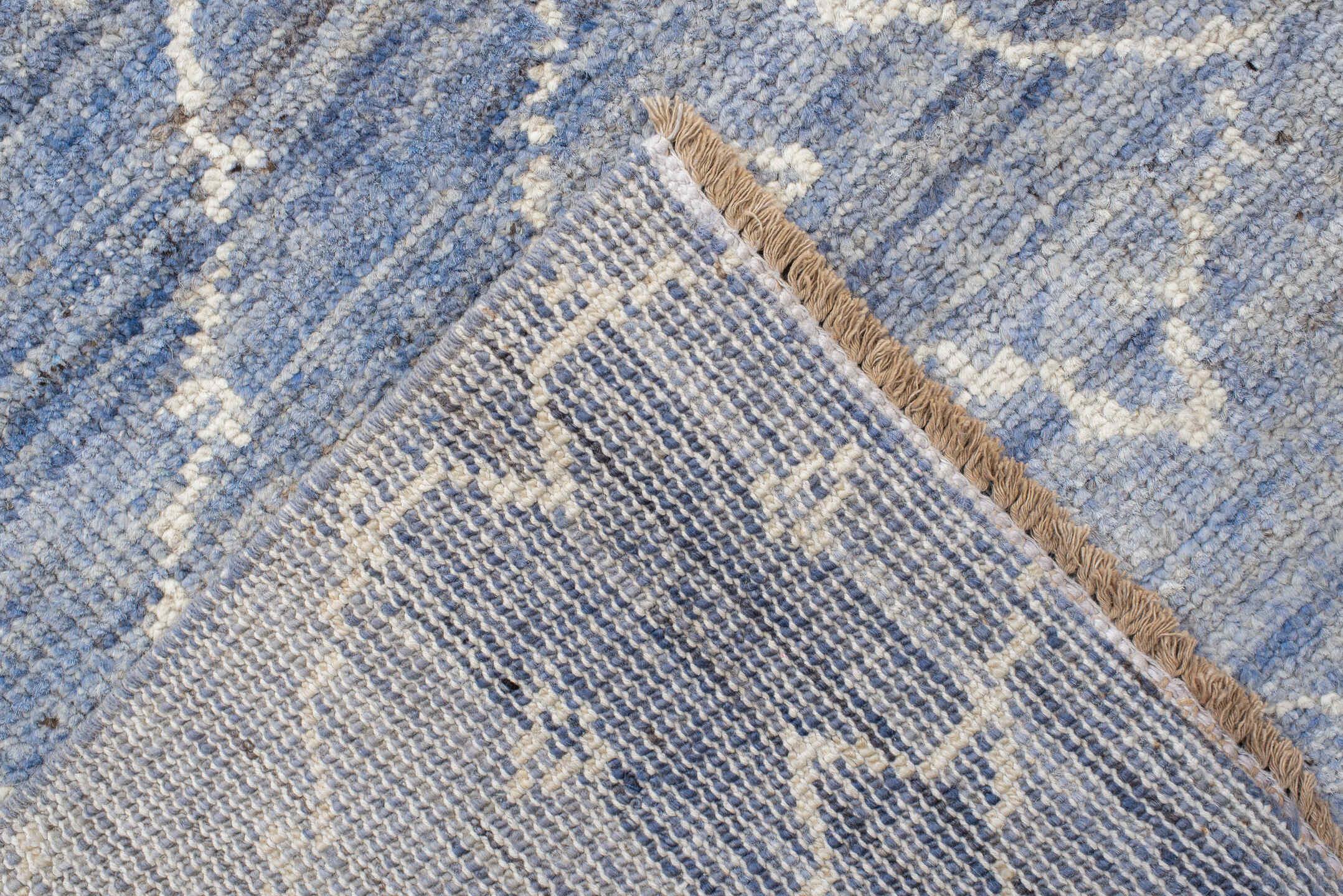 9' x 11' one-of-a-kind handmade vintage Tulu large size rug. Color palette: powder blue, ivory, silver, slate, taupe