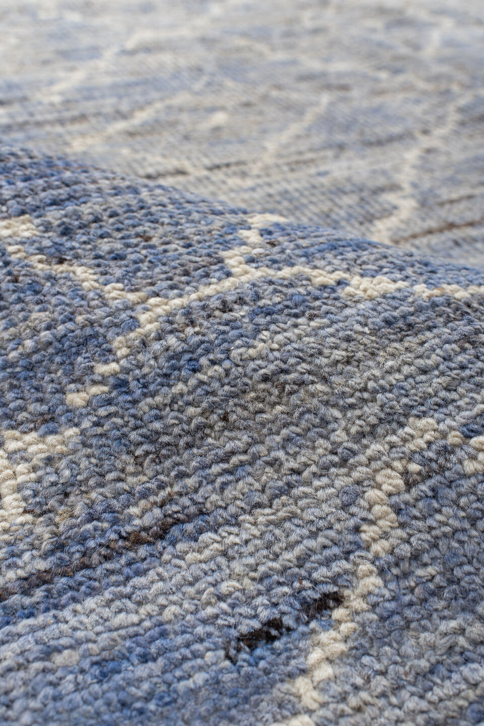 9' x 11' one-of-a-kind handmade vintage Tulu large size rug. Color palette: powder blue, ivory, silver, slate, taupe
