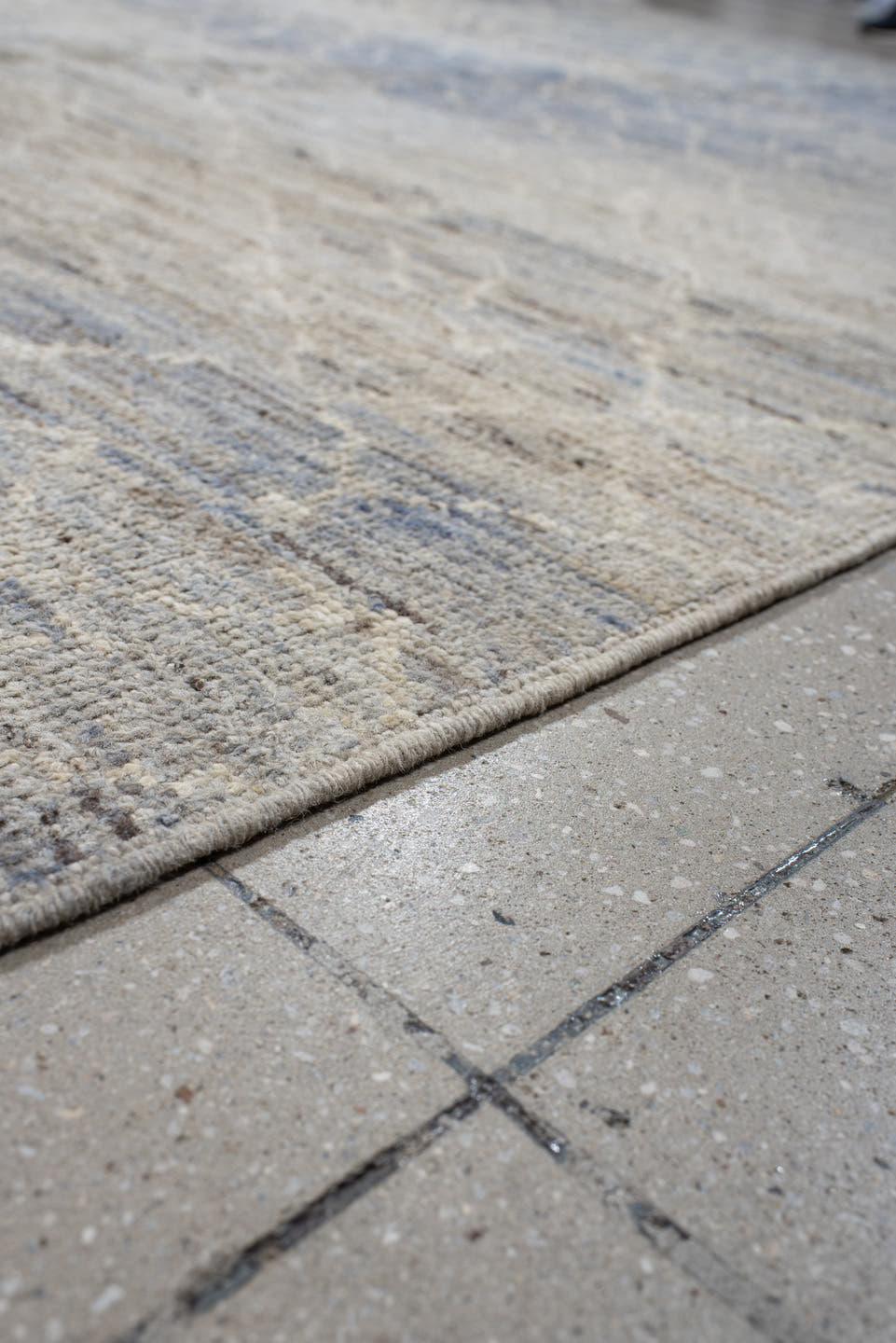 9' x 11' one-of-a-kind handmade vintage Tulu large size rug. Color palette: powder blue, ivory, silver, slate, taupe