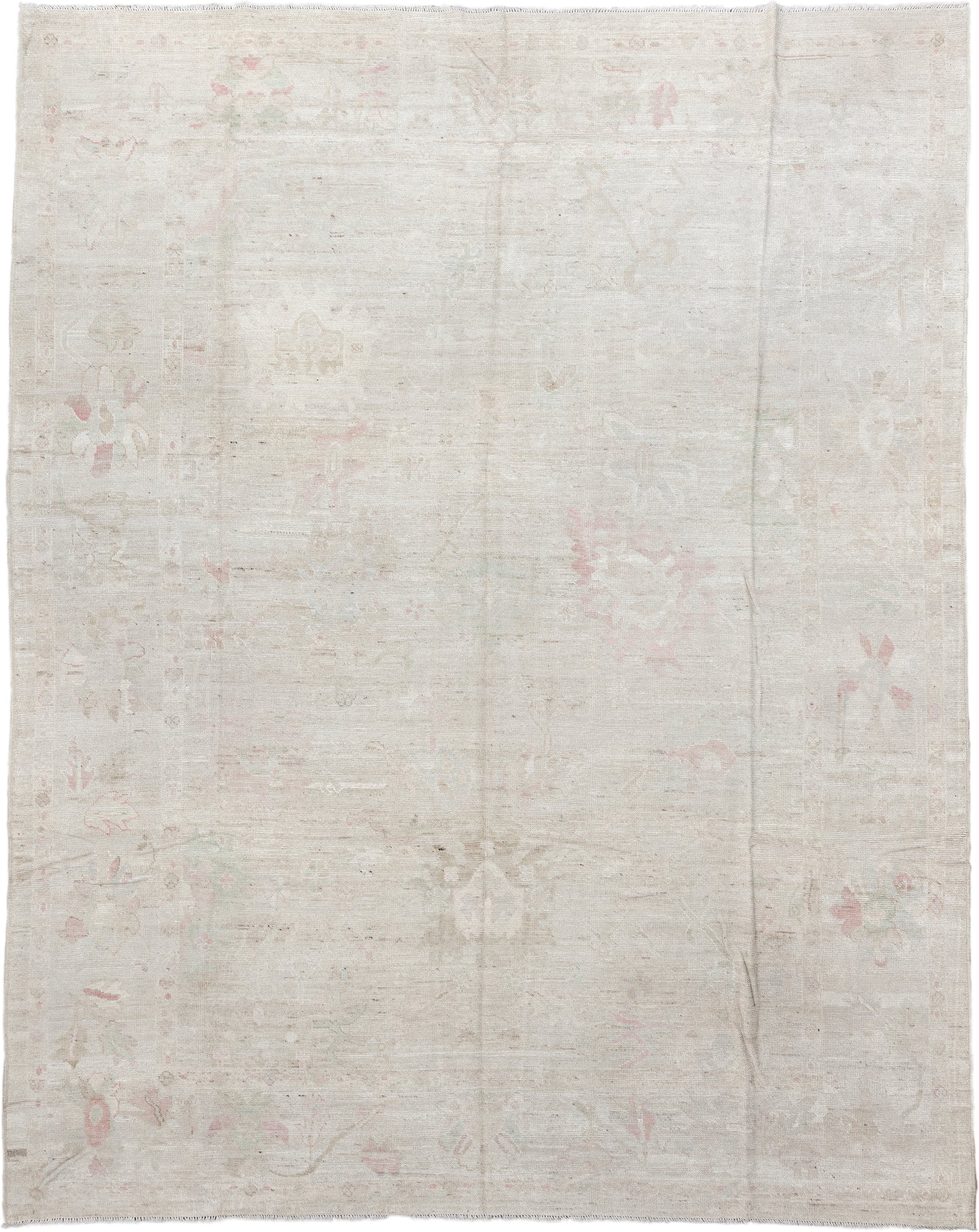10' x 12' one-of-a-kind handmade vintage Tulu large size rug. Color palette: ivory, cream, blush, sage, taupe, pale gold