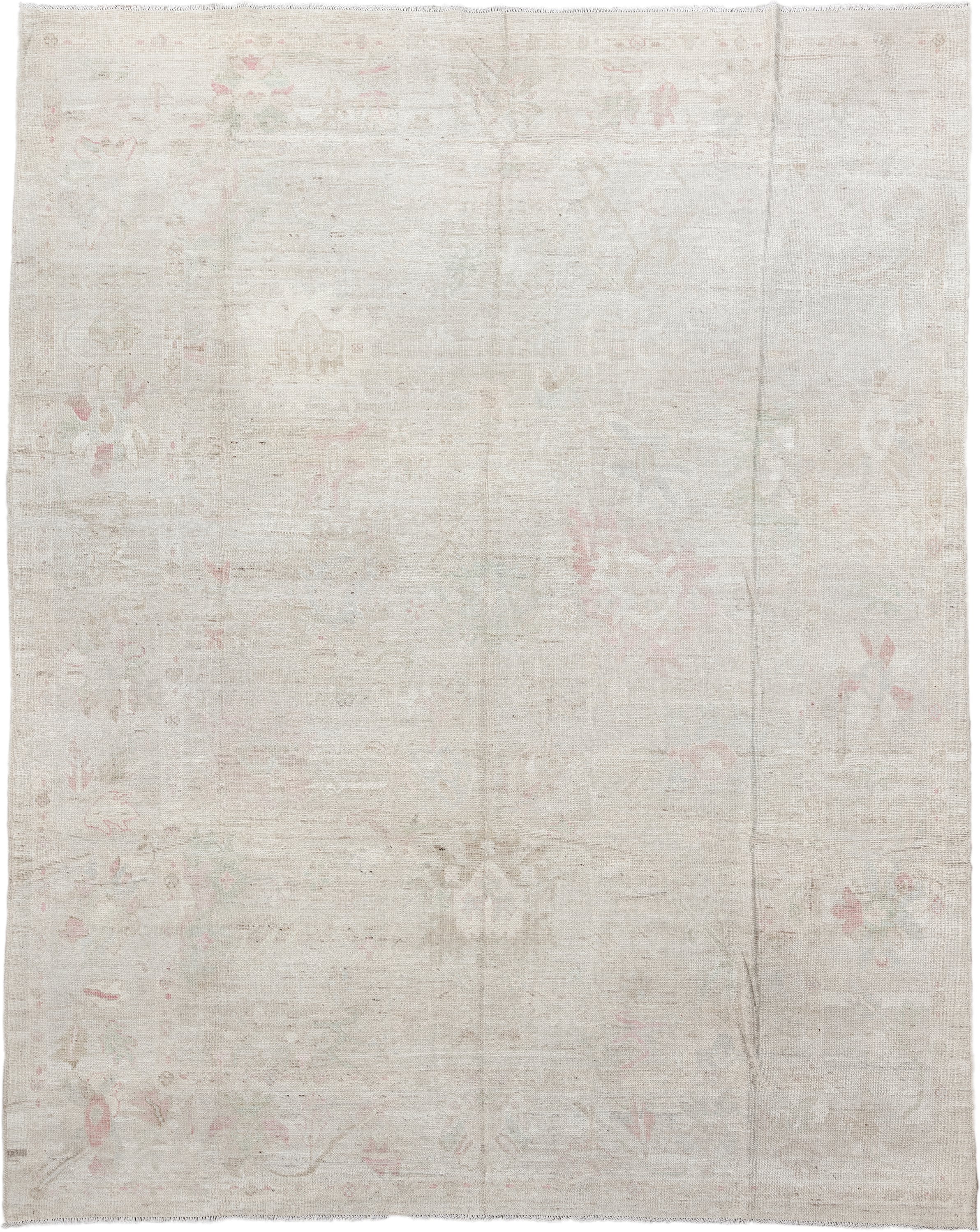 10' x 12' one-of-a-kind handmade vintage Tulu large size rug. Color palette: ivory, cream, blush, sage, taupe, pale gold