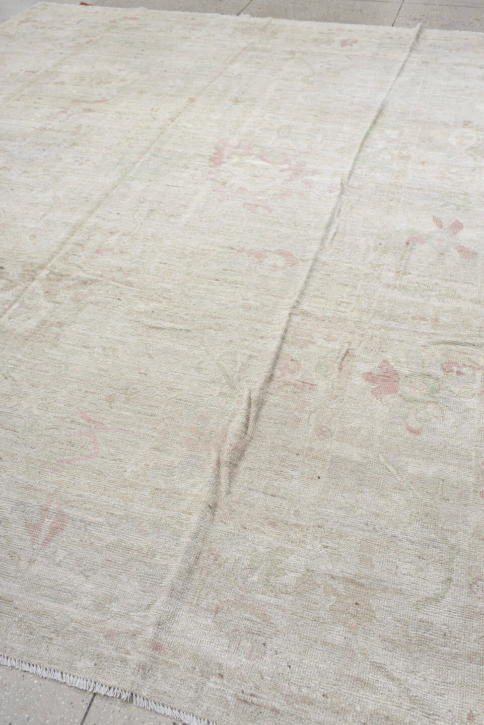 10' x 12' one-of-a-kind handmade vintage Tulu large size rug. Color palette: ivory, cream, blush, sage, taupe, pale gold