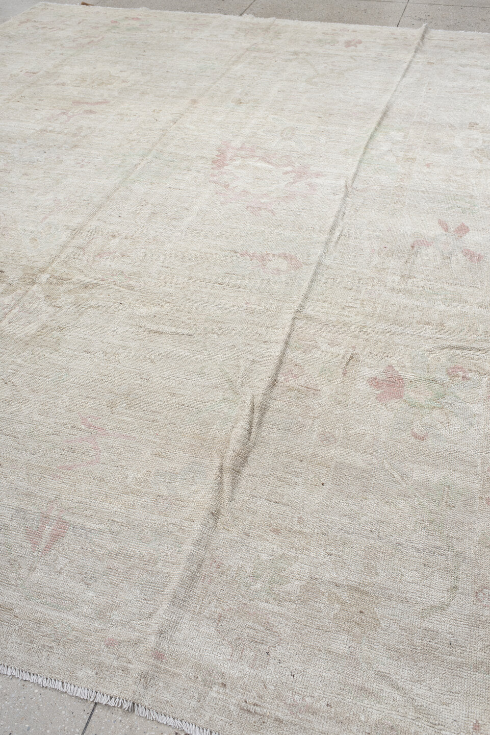 10' x 12' one-of-a-kind handmade vintage Tulu large size rug. Color palette: ivory, cream, blush, sage, taupe, pale gold