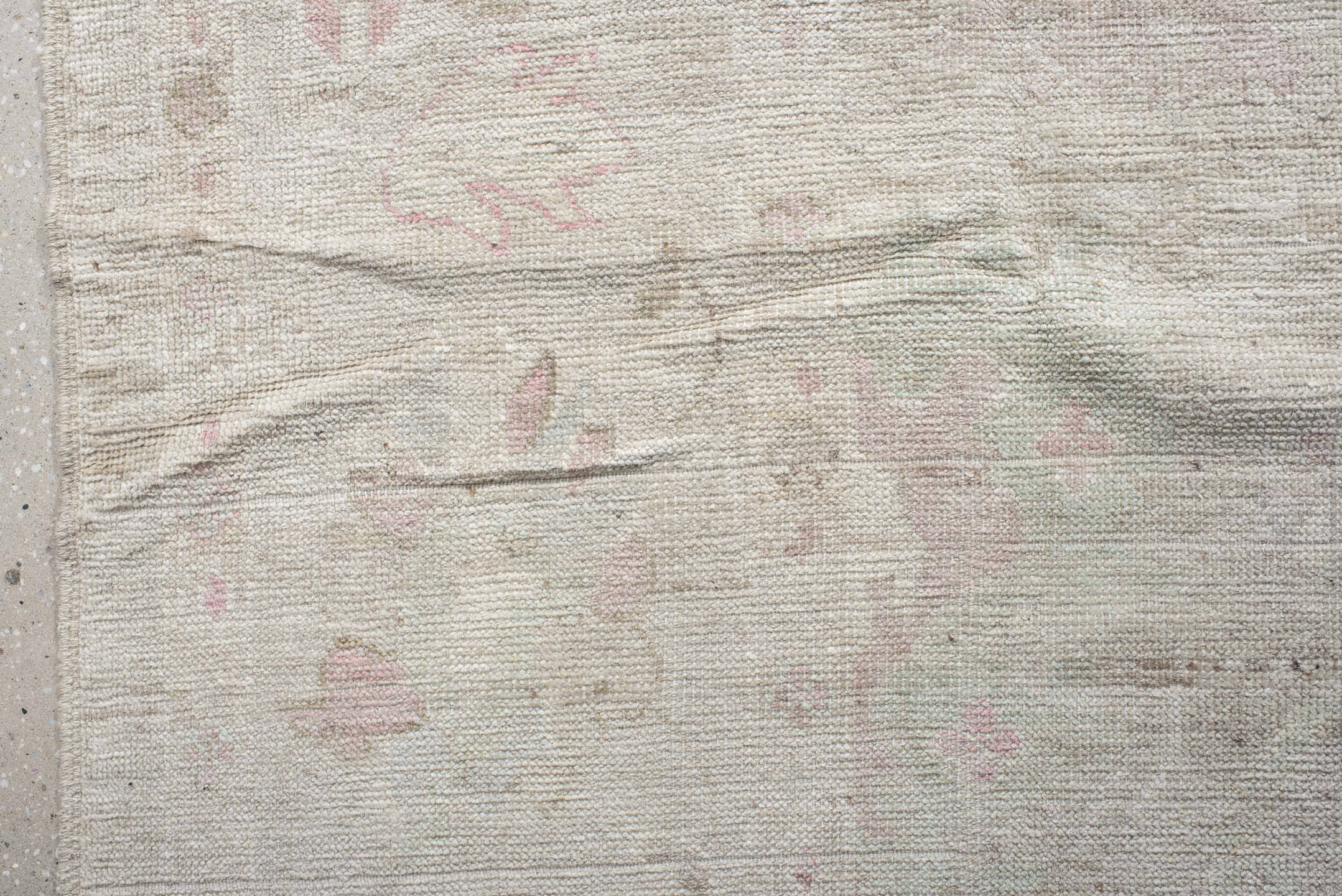 10' x 12' one-of-a-kind handmade vintage Tulu large size rug. Color palette: ivory, cream, blush, sage, taupe, pale gold