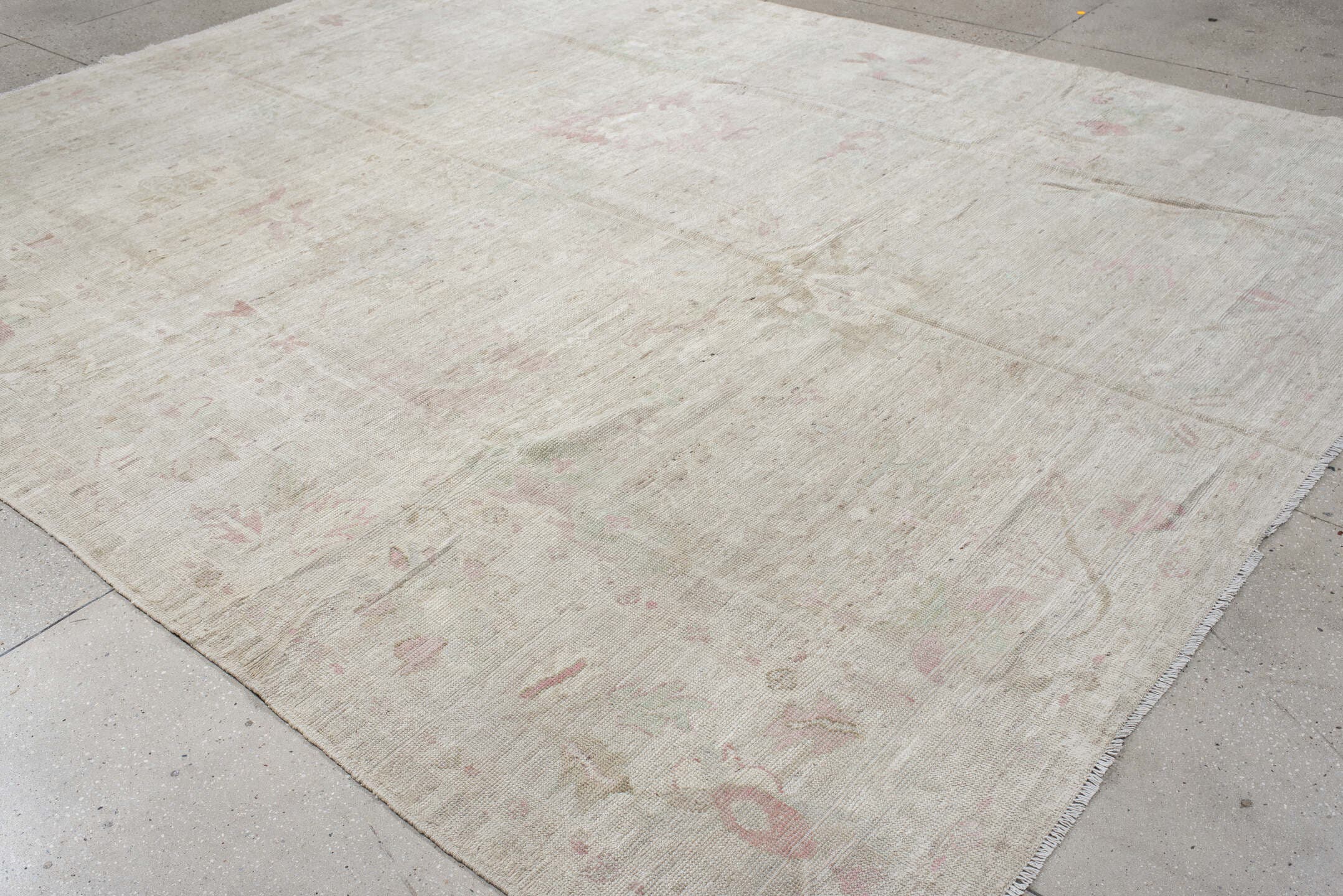 10' x 12' one-of-a-kind handmade vintage Tulu large size rug. Color palette: ivory, cream, blush, sage, taupe, pale gold