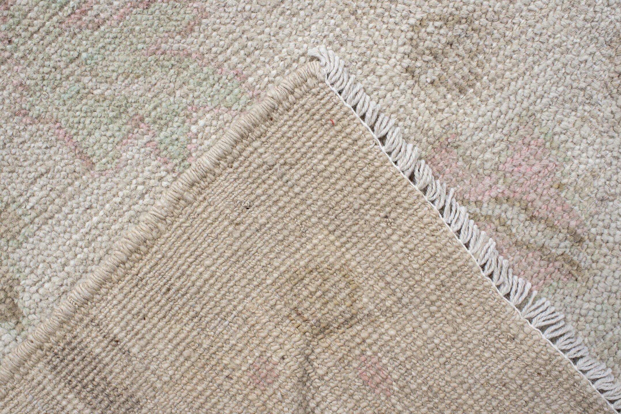 10' x 12' one-of-a-kind handmade vintage Tulu large size rug. Color palette: ivory, cream, blush, sage, taupe, pale gold