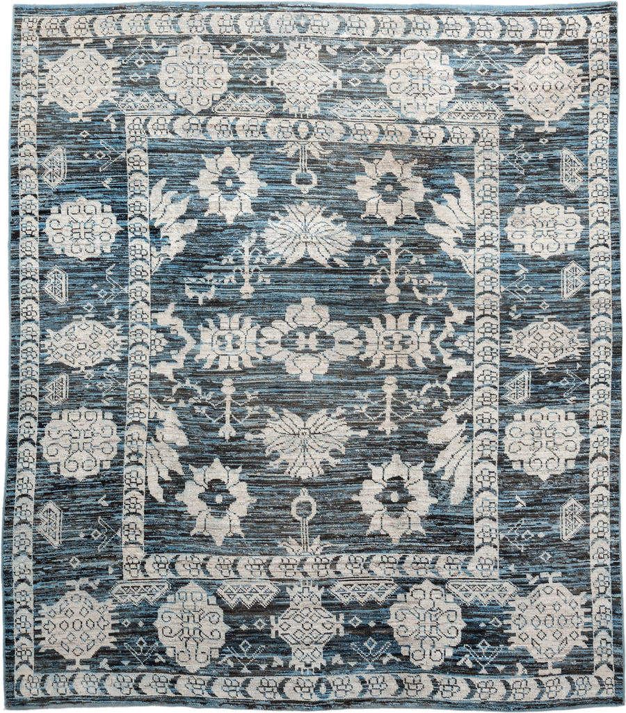 8' x 9' one-of-a-kind handmade vintage Oushak rug. Color palette: blue, ivory, charcoal, slate, cream, gray, black