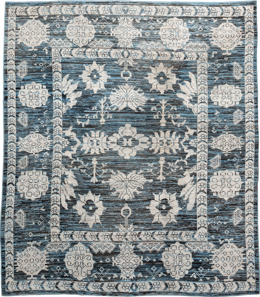 8' x 9' one-of-a-kind handmade vintage Oushak rug. Color palette: blue, ivory, charcoal, slate, cream, gray, black