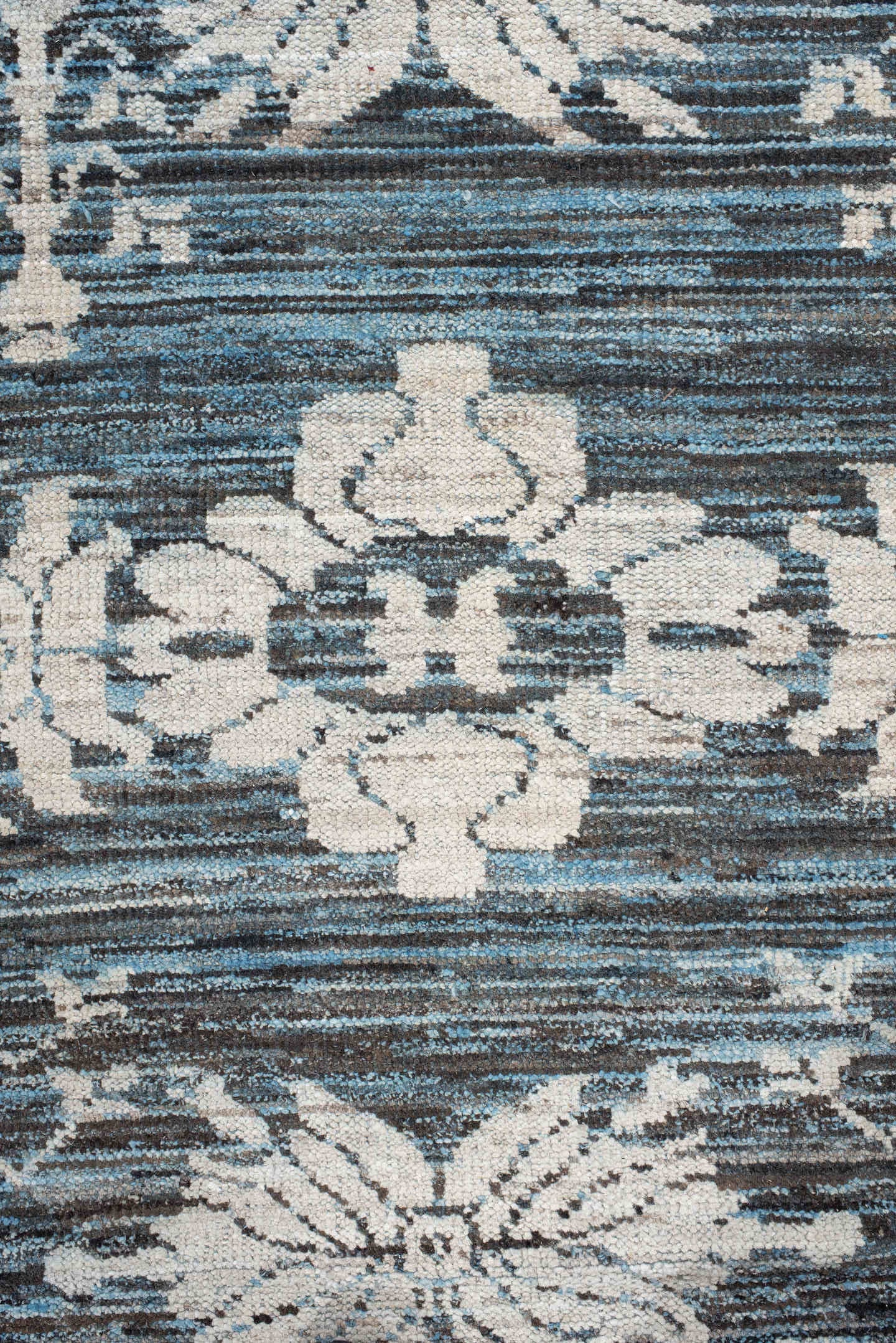 8' x 9' one-of-a-kind handmade vintage Oushak rug. Color palette: blue, ivory, charcoal, slate, cream, gray, black
