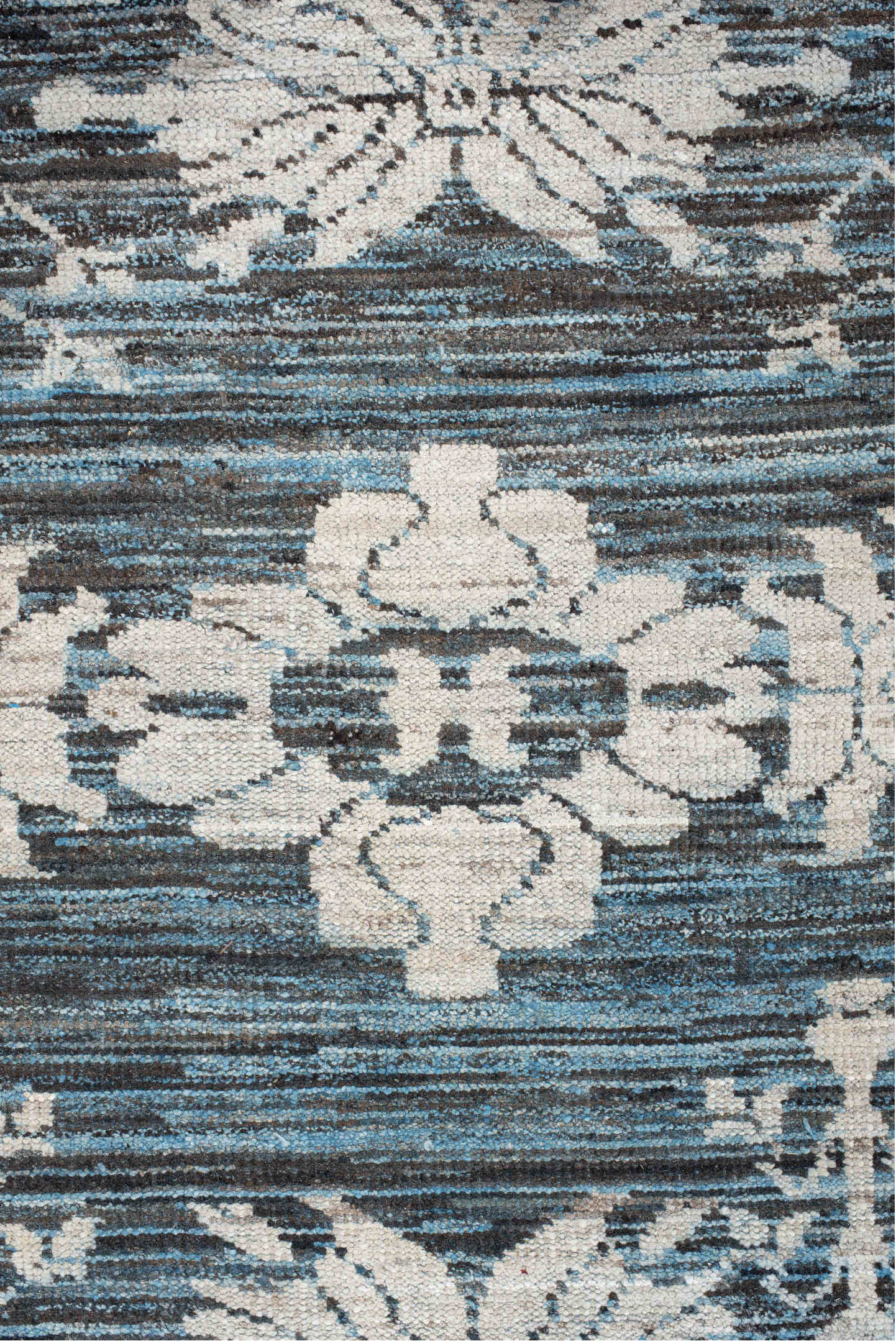 8' x 9' one-of-a-kind handmade vintage Oushak rug. Color palette: blue, ivory, charcoal, slate, cream, gray, black