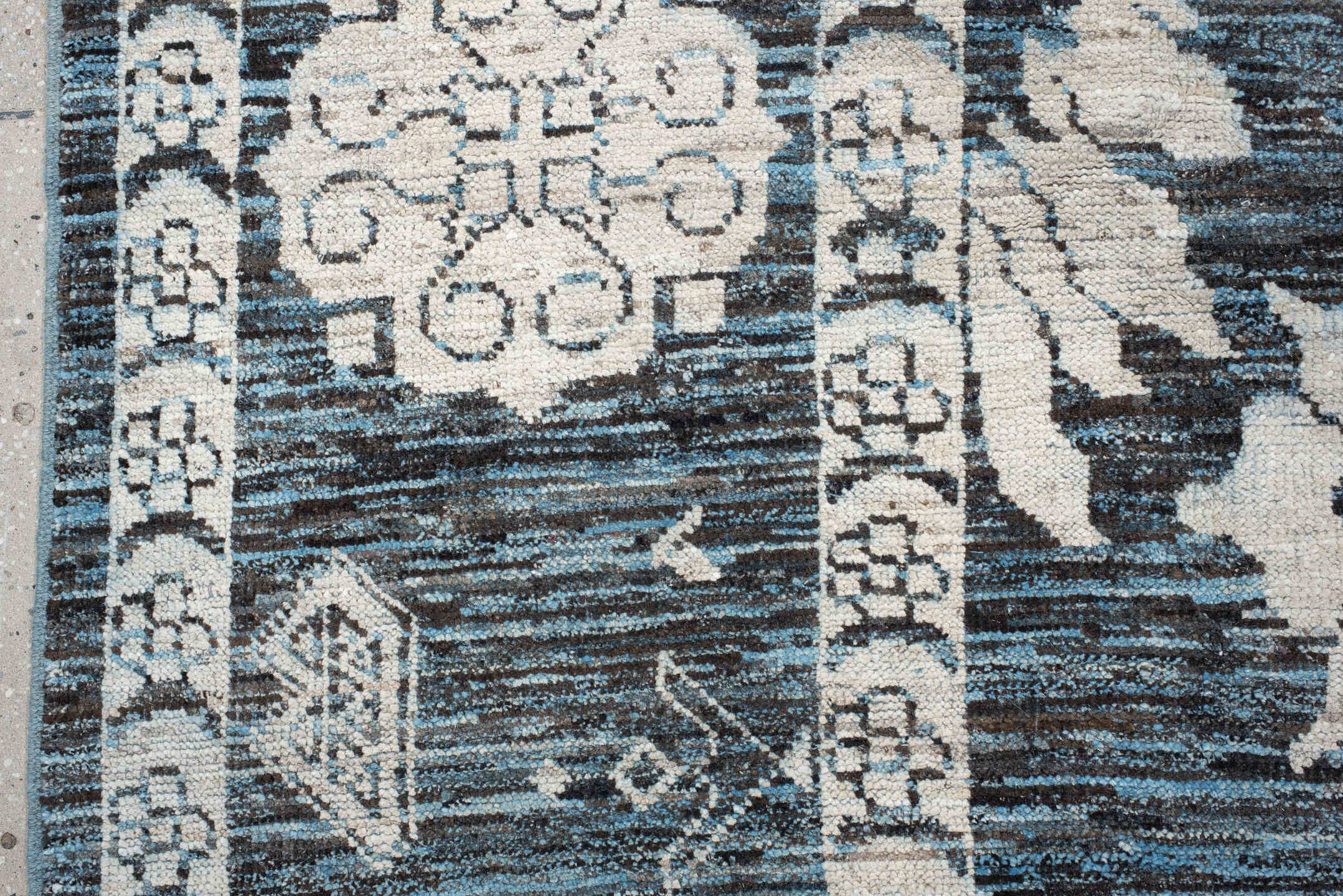 8' x 9' one-of-a-kind handmade vintage Oushak rug. Color palette: blue, ivory, charcoal, slate, cream, gray, black