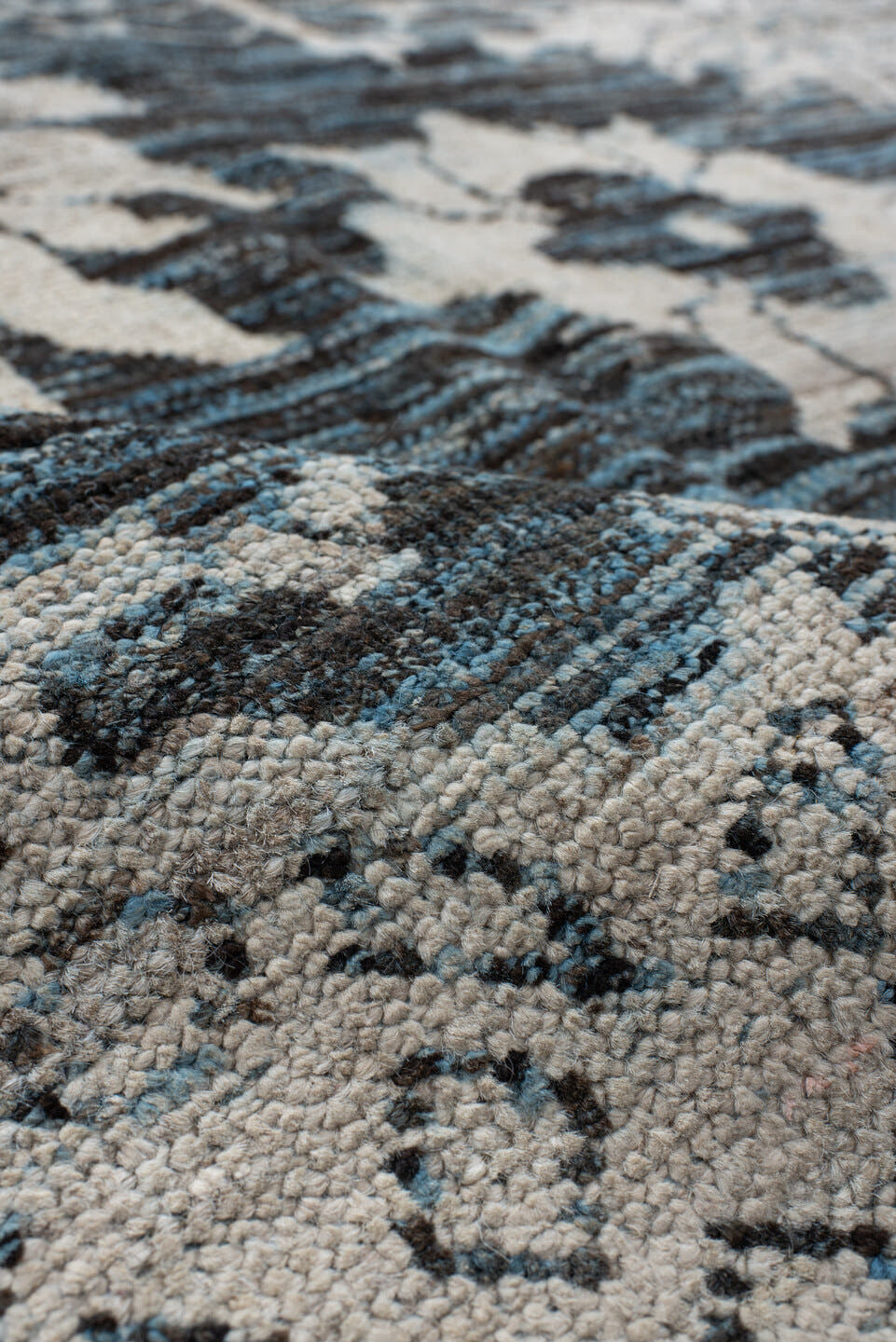 8' x 9' one-of-a-kind handmade vintage Oushak rug. Color palette: blue, ivory, charcoal, slate, cream, gray, black
