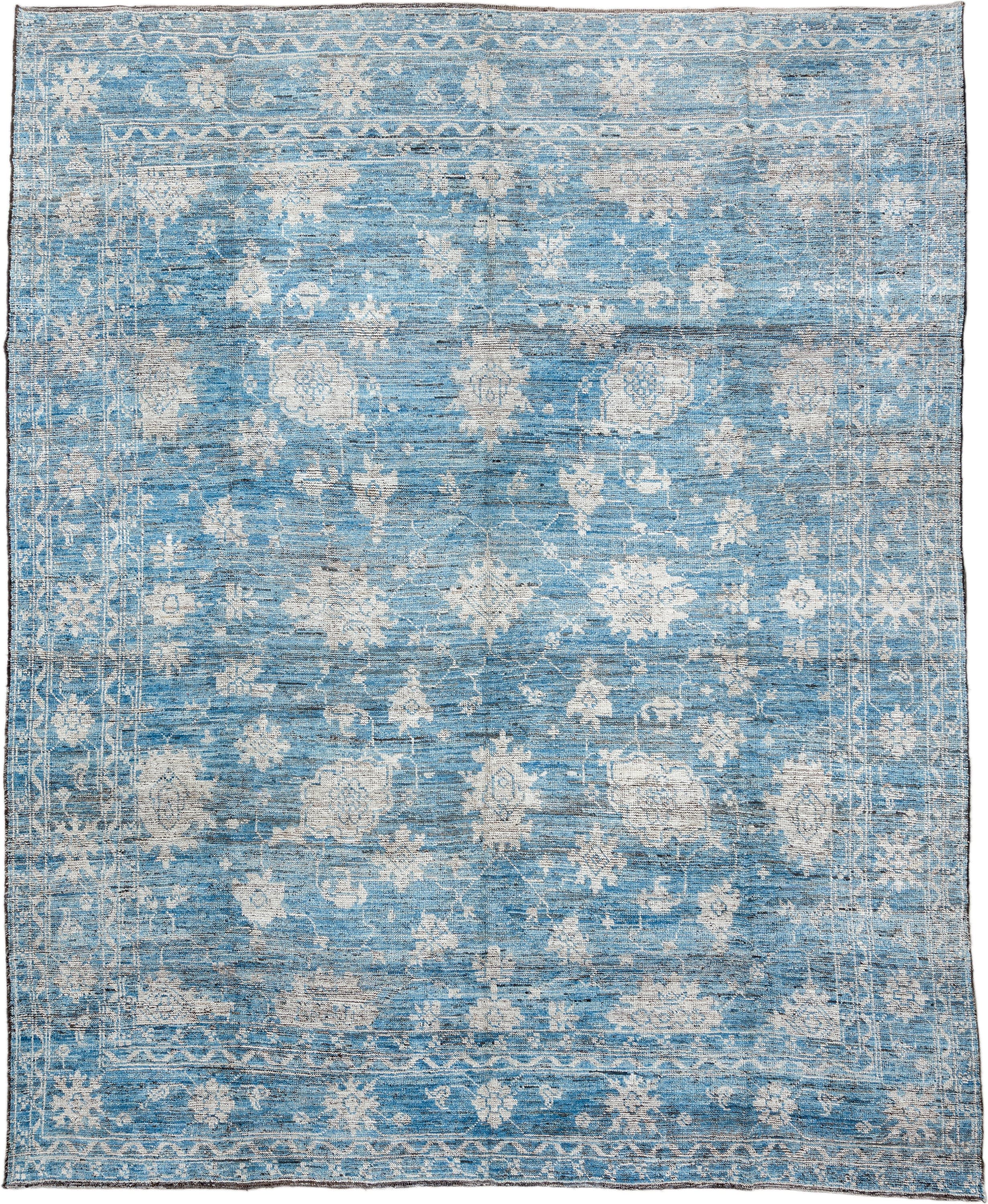 10' x 13' one-of-a-kind handmade vintage Oushak large size rug. Color palette: sky blue, ivory, slate, taupe, light blue