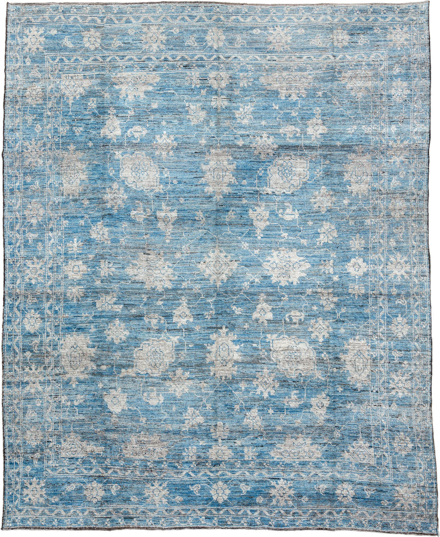 10' x 13' one-of-a-kind handmade vintage Oushak large size rug. Color palette: sky blue, ivory, slate, taupe, light blue