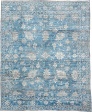 10' x 13' one-of-a-kind handmade vintage Oushak large size rug. Color palette: sky blue, ivory, slate, taupe, light blue