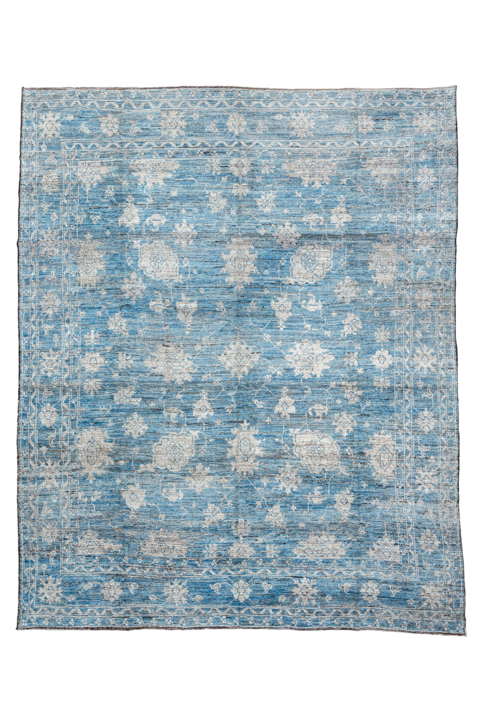 10' x 13' one-of-a-kind handmade vintage Oushak large size rug. Color palette: arapawa, black, blue, dim gray, gainsboro