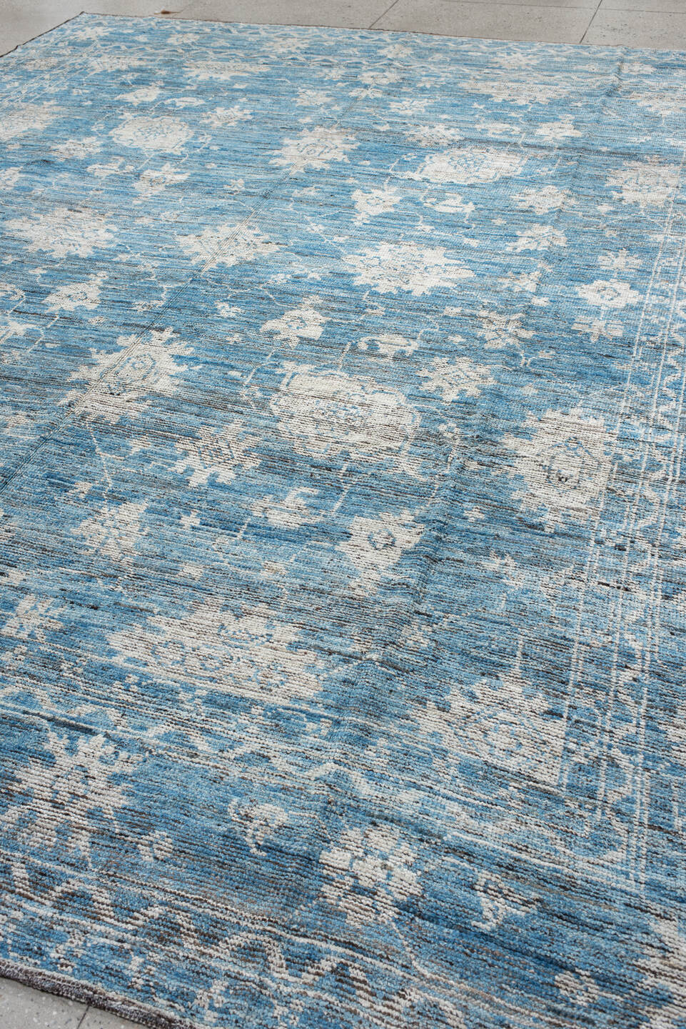 10' x 13' one-of-a-kind handmade vintage Oushak large size rug. Color palette: sky blue, ivory, slate, taupe, light blue