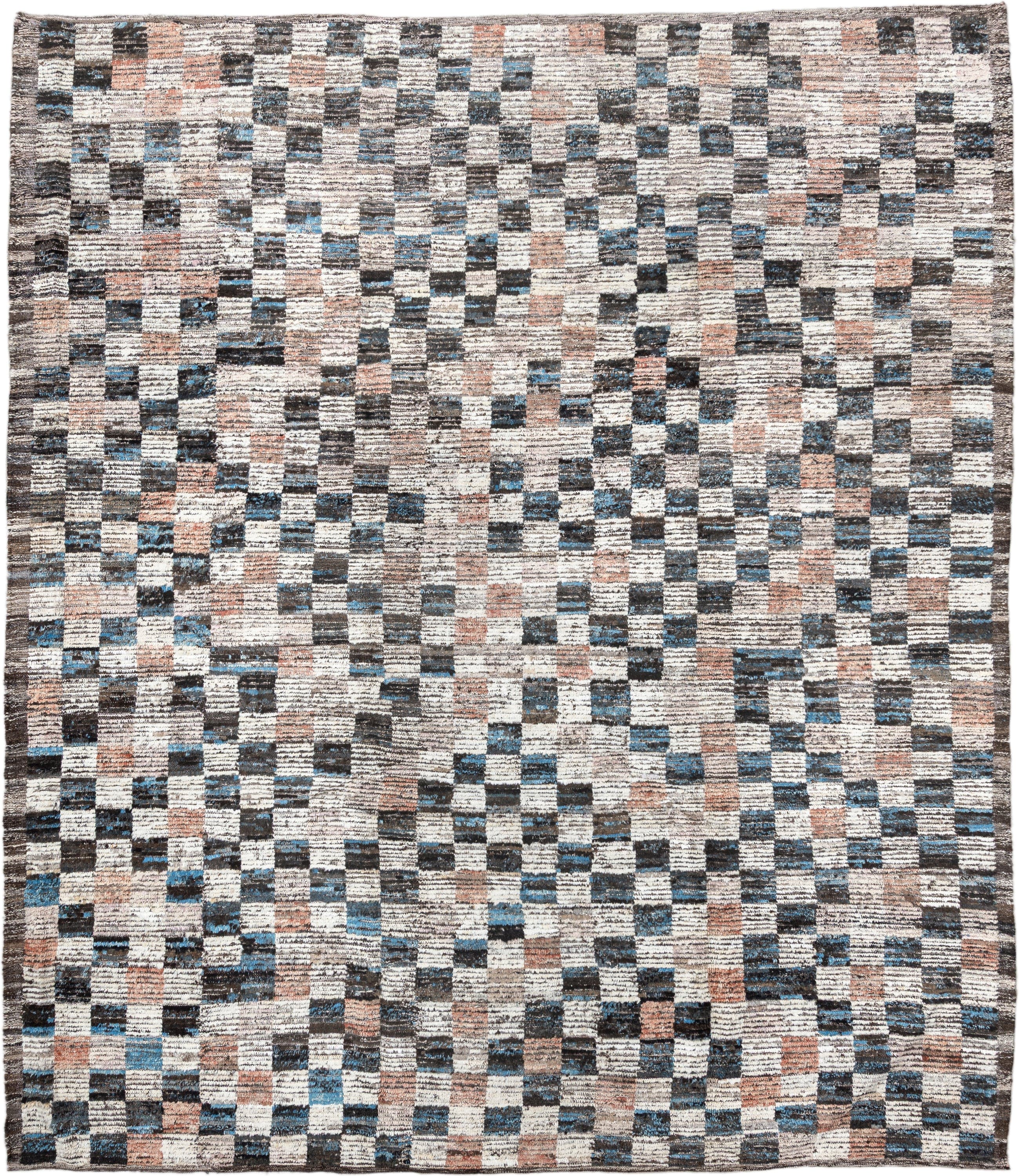 9' x 11' one-of-a-kind handmade vintage Tulu large size rug. Color palette: ivory, charcoal, sky_blue, blush, taupe, slate