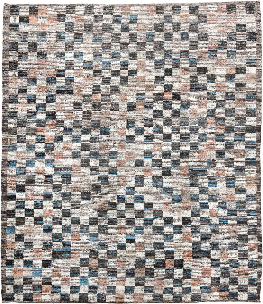 9' x 11' one-of-a-kind handmade vintage Tulu large size rug. Color palette: ivory, charcoal, sky_blue, blush, taupe, slate