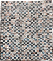 9' x 11' one-of-a-kind handmade vintage Tulu large size rug. Color palette: ivory, charcoal, sky_blue, blush, taupe, slate