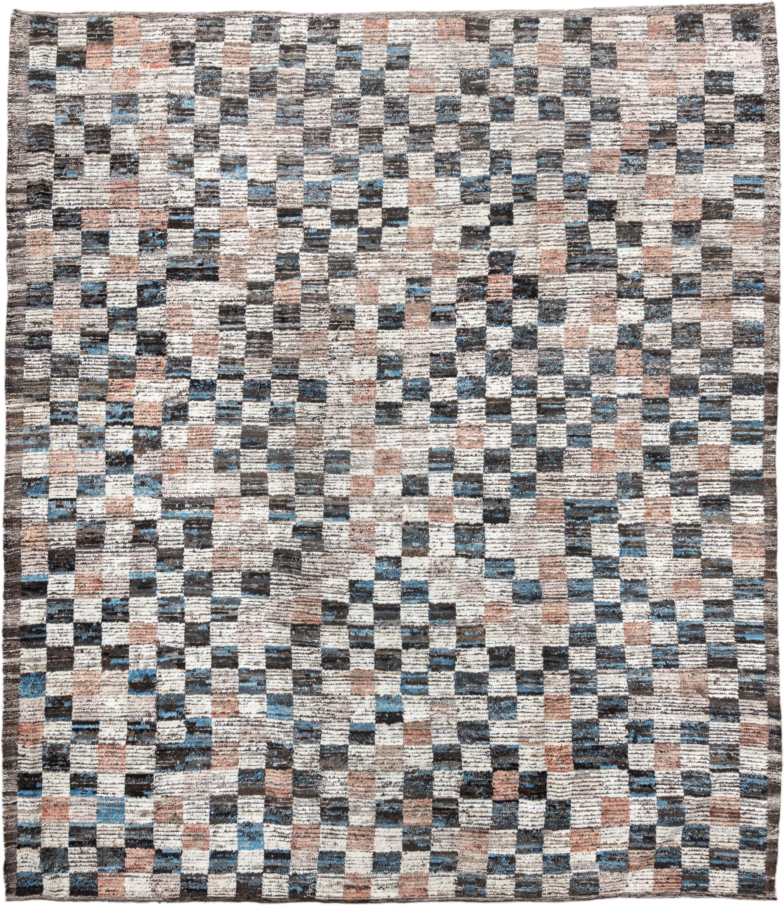 9' x 11' one-of-a-kind handmade vintage Tulu large size rug. Color palette: ivory, charcoal, sky_blue, blush, taupe, slate
