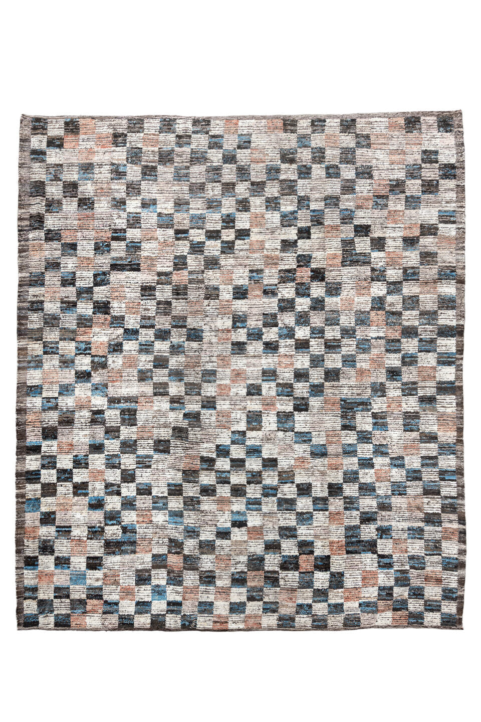 9' x 11' one-of-a-kind handmade vintage Tulu large size rug. Color palette: black, blue, brown, dark gray, dim gray
