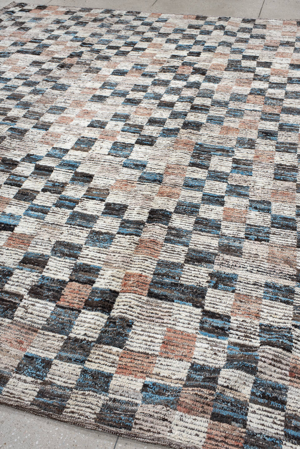 9' x 11' one-of-a-kind handmade vintage Tulu large size rug. Color palette: ivory, charcoal, sky_blue, blush, taupe, slate