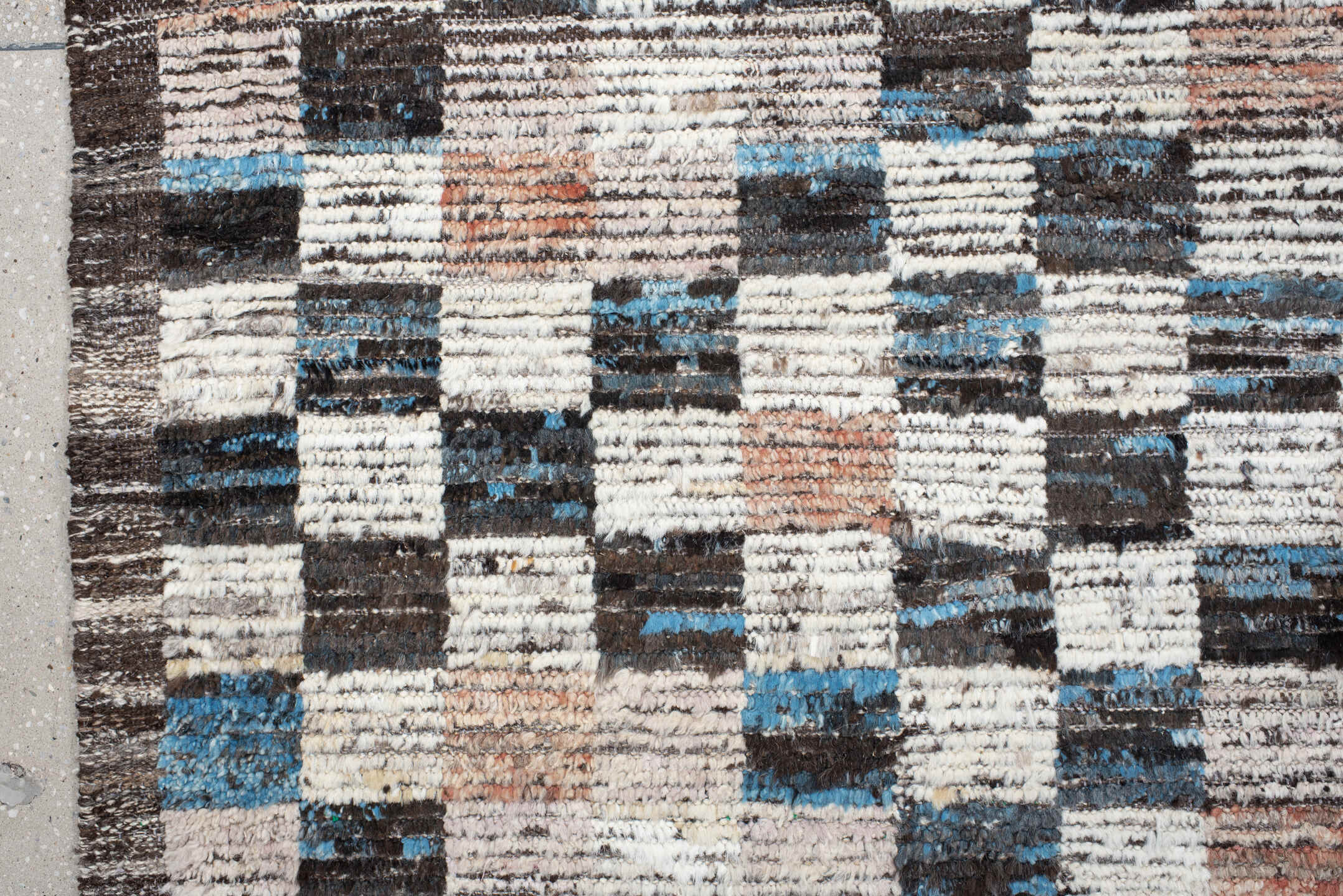 9' x 11' one-of-a-kind handmade vintage Tulu large size rug. Color palette: ivory, charcoal, sky_blue, blush, taupe, slate